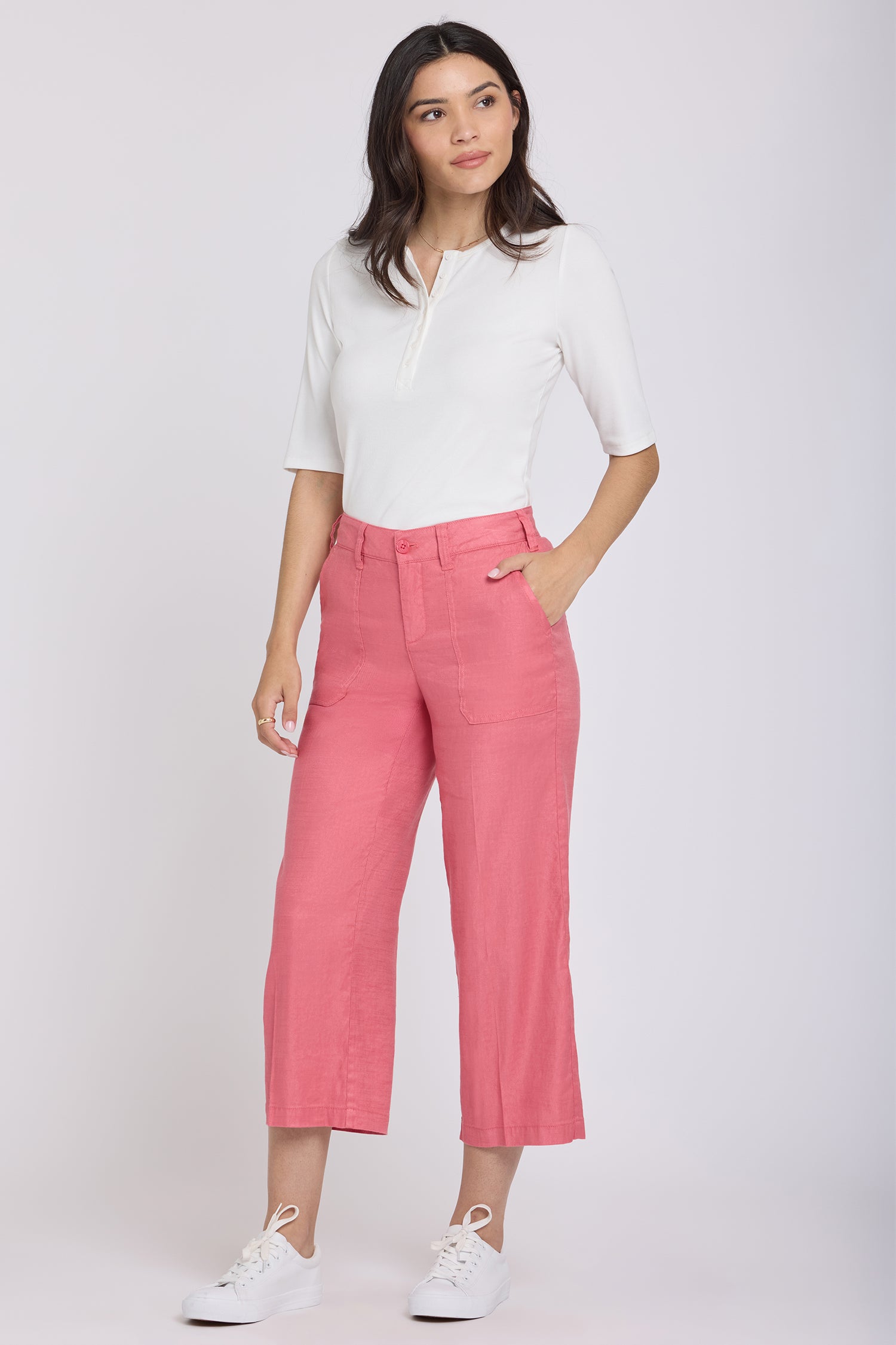 Wide Leg Cargo Capri Pants In Stretch Linen - Desert Rose Pink | NYDJ