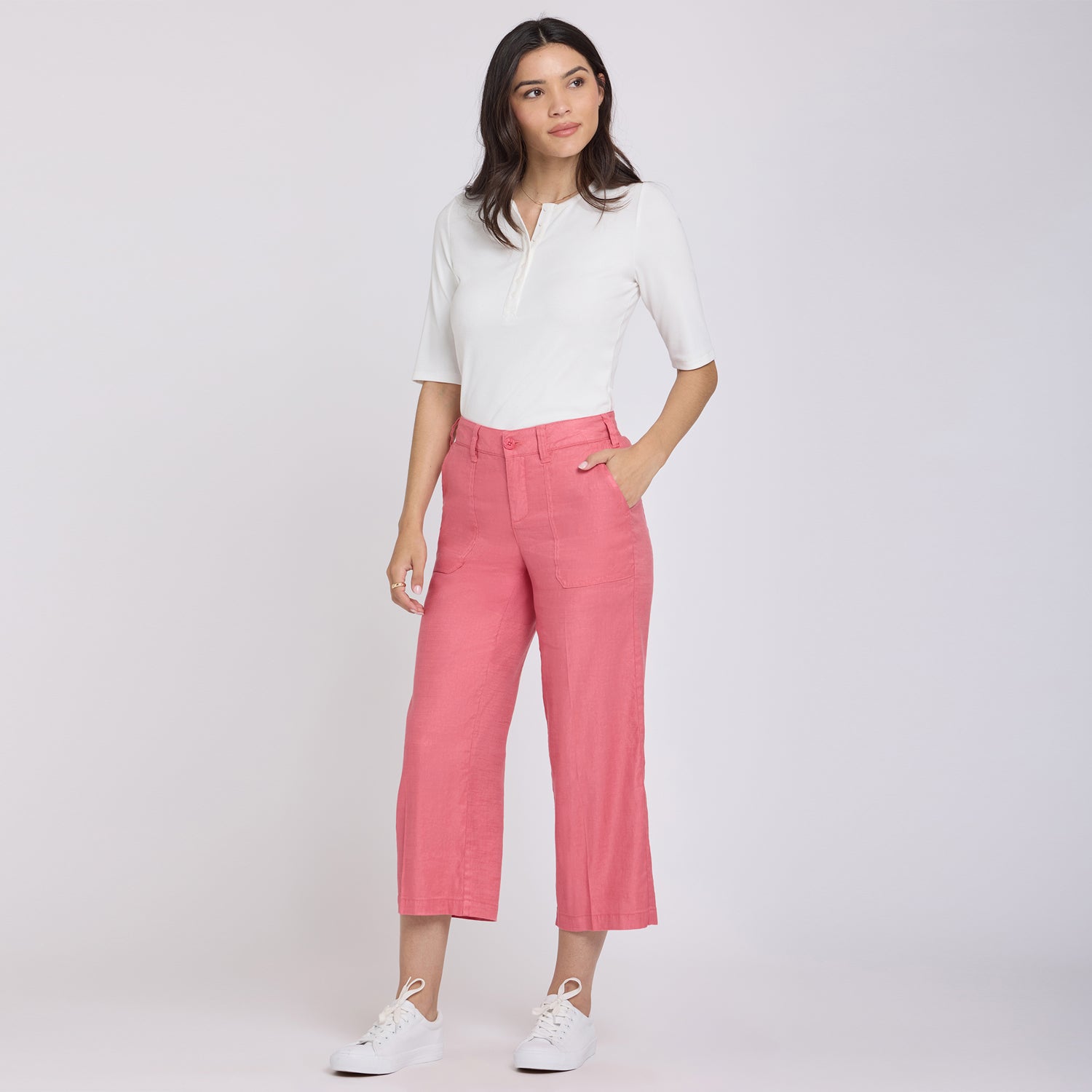 Wide Leg Cargo Capri Pants In Stretch Linen - Desert Rose Pink | NYDJ