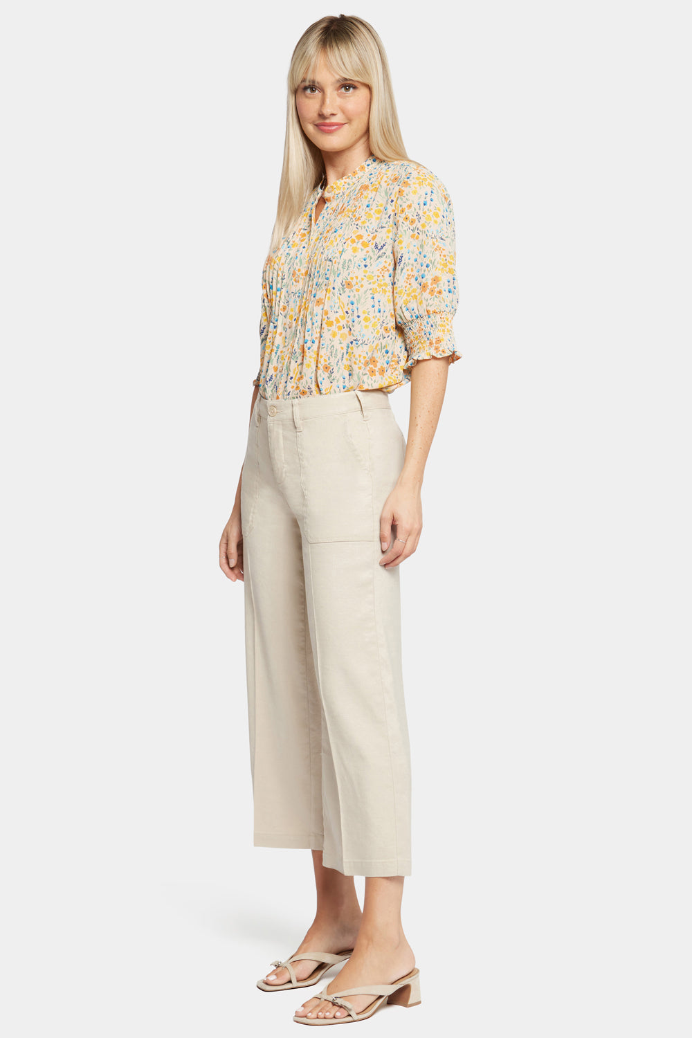 NYDJ Wide Leg Cargo Capri Pants In Stretch Linen - Feather