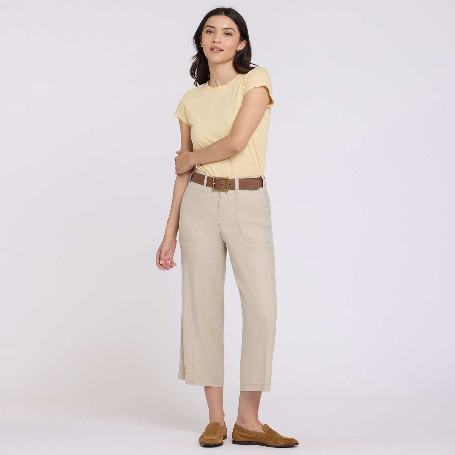 Wide Leg Cargo Capri Pants In Stretch Linen - Feather Tan | NYDJ