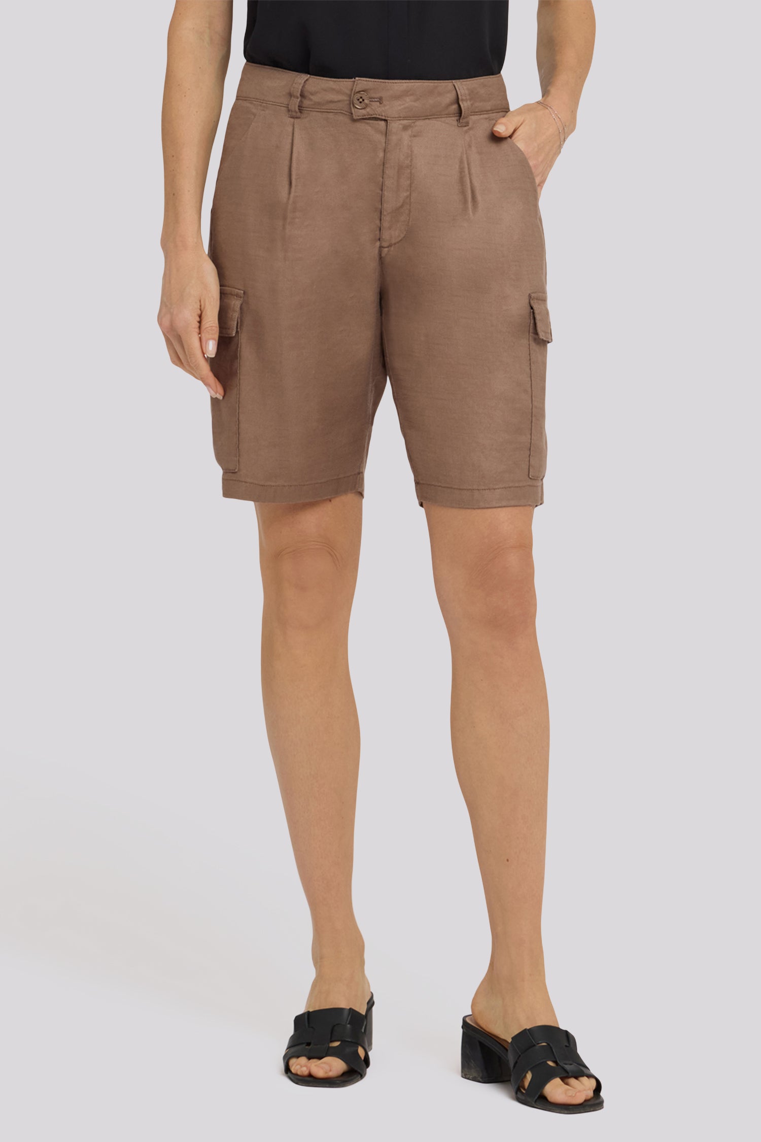 Cargo Bermuda Shorts With High Rise In Stretch Linen - Toasted