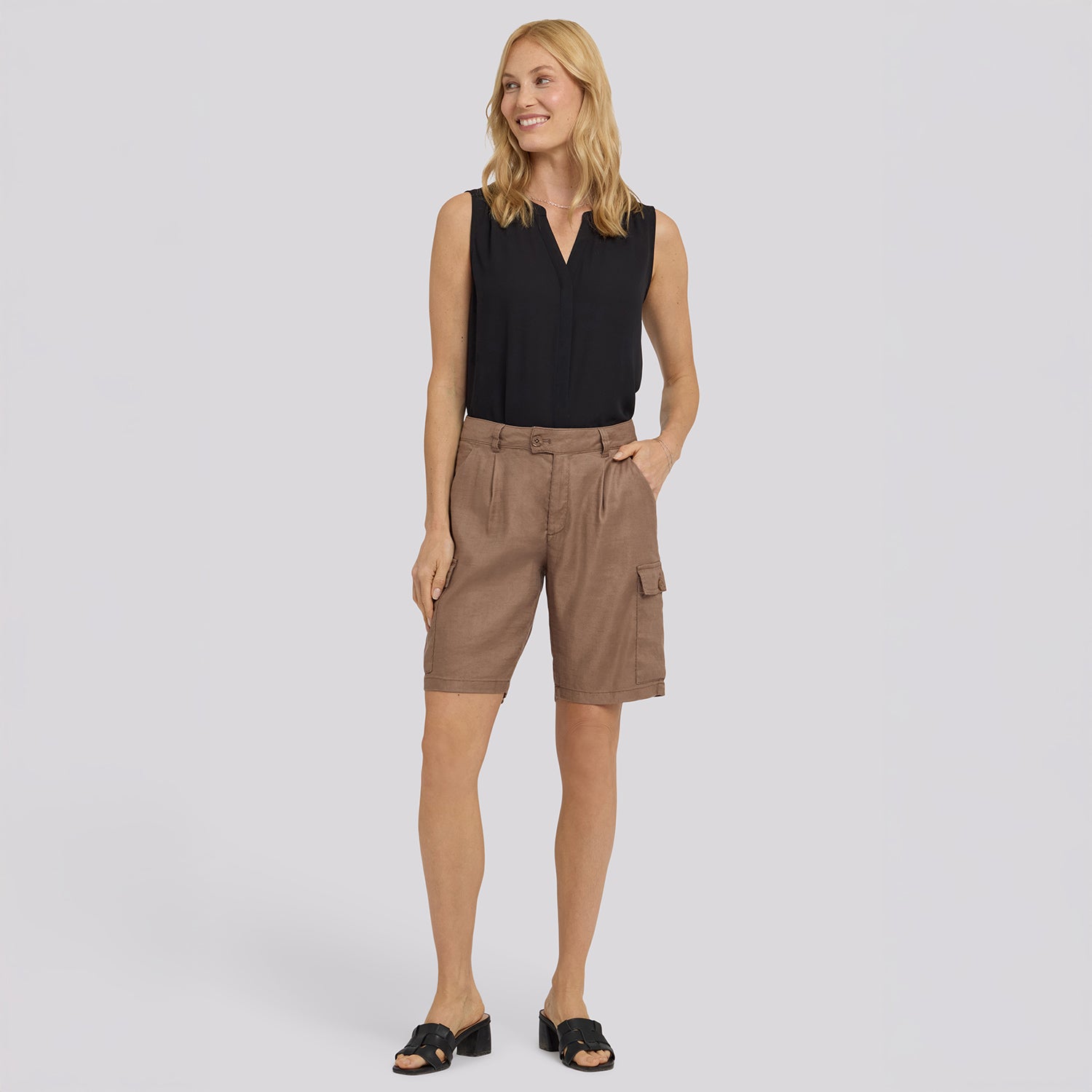 Cargo Bermuda Shorts With High Rise In Stretch Linen - Toasted