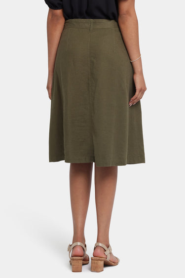 NYDJ Button Front Midi Skirt In Stretch Linen With Waist Tie - Bay Leaf