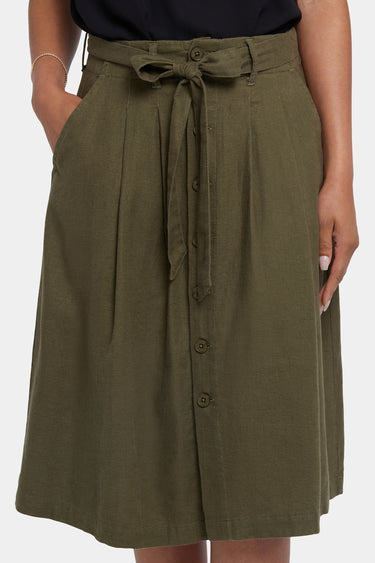 NYDJ Button Front Midi Skirt In Stretch Linen With Waist Tie - Bay Leaf