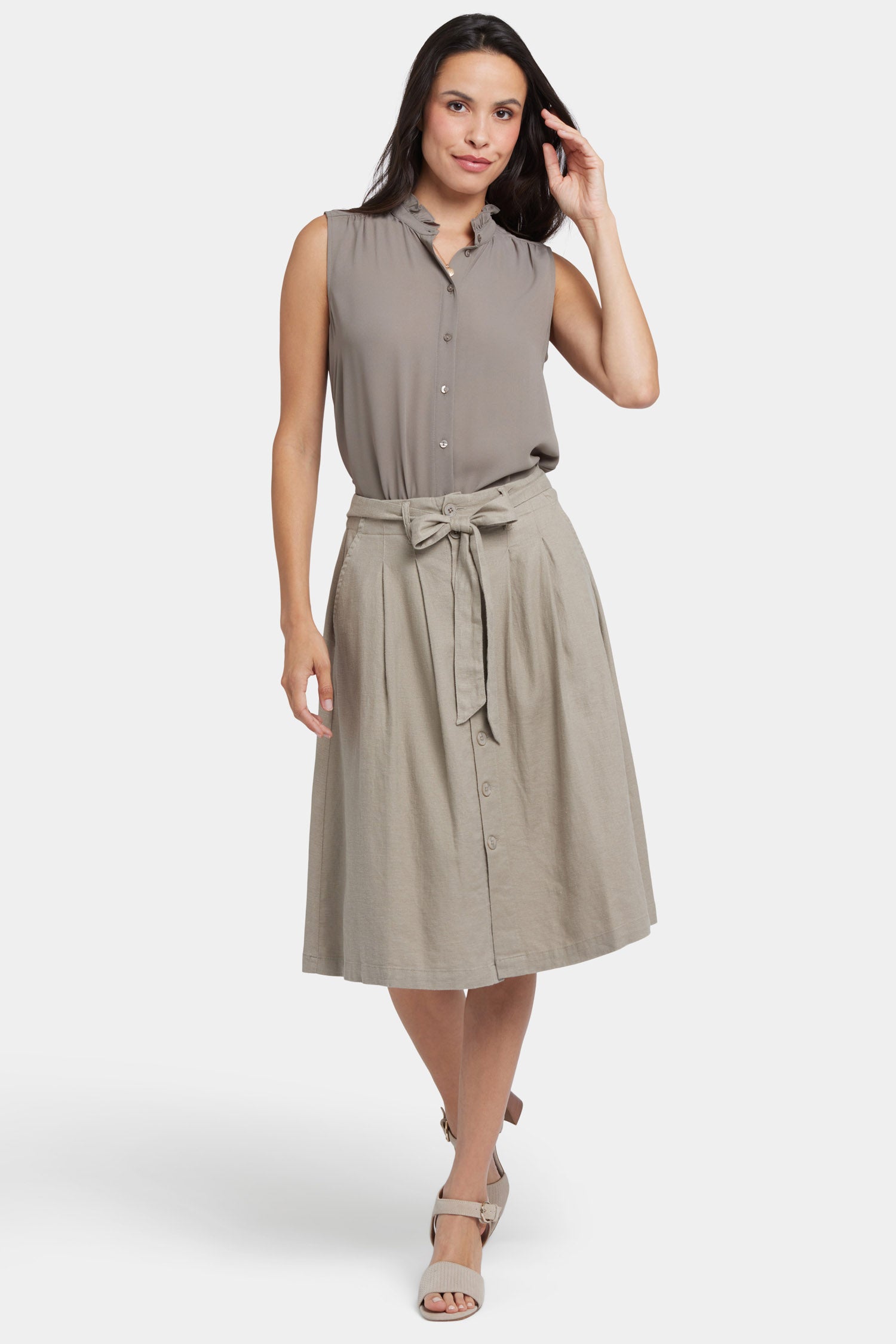NYDJ Button Front Midi Skirt In Stretch Linen With Waist Tie - Saddlewood