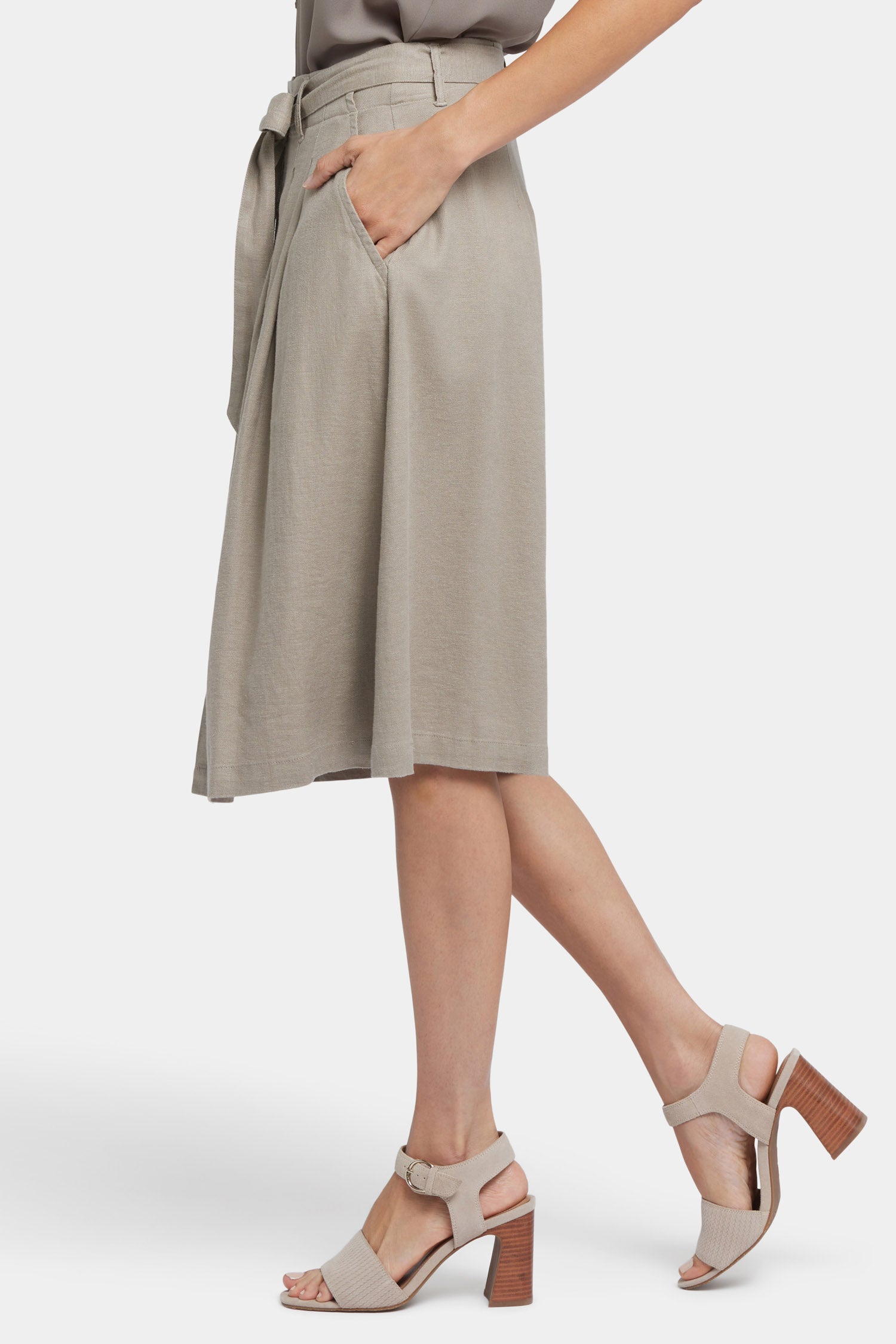 NYDJ Button Front Midi Skirt In Stretch Linen With Waist Tie - Saddlewood