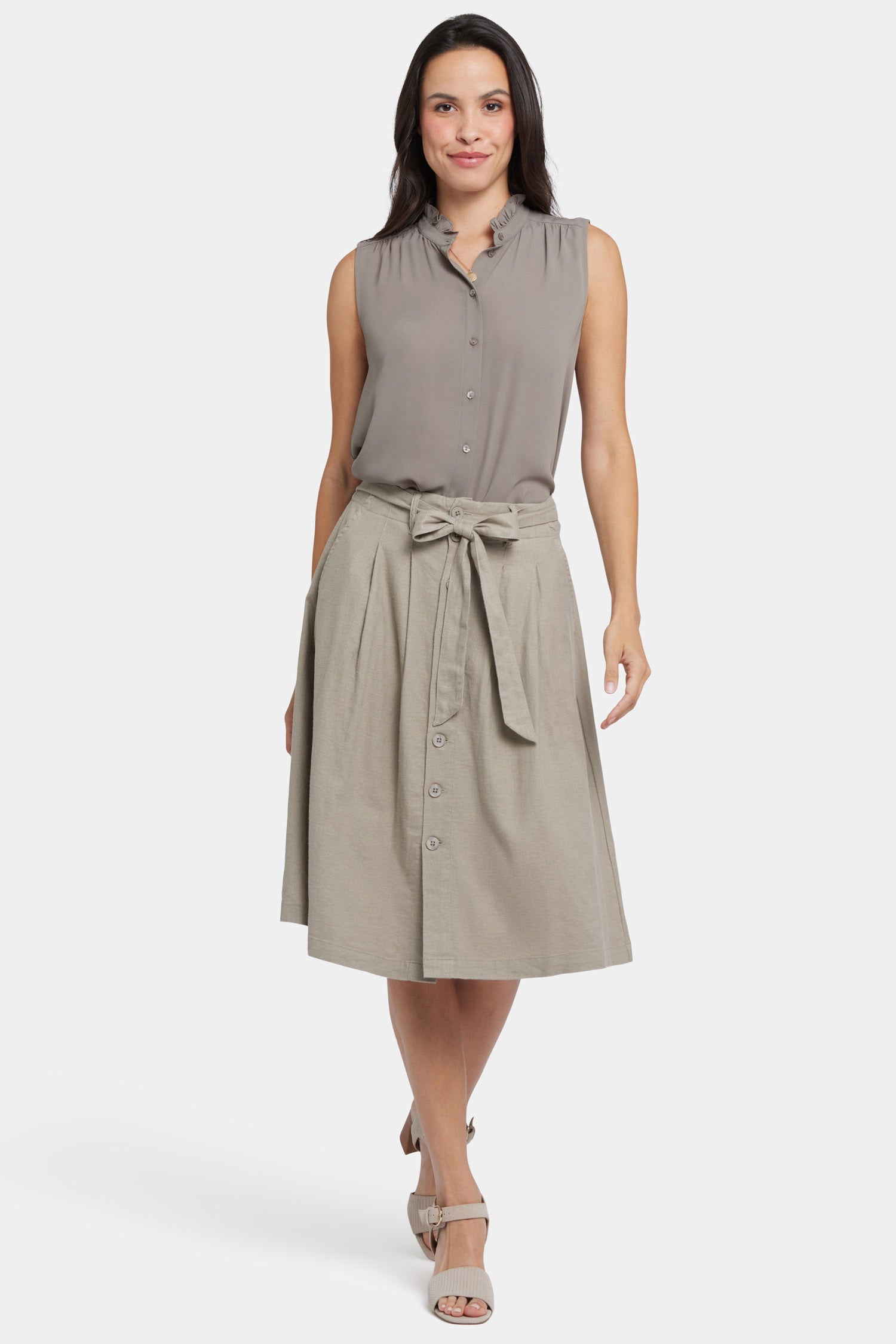 NYDJ Button Front Midi Skirt In Stretch Linen With Waist Tie - Saddlewood