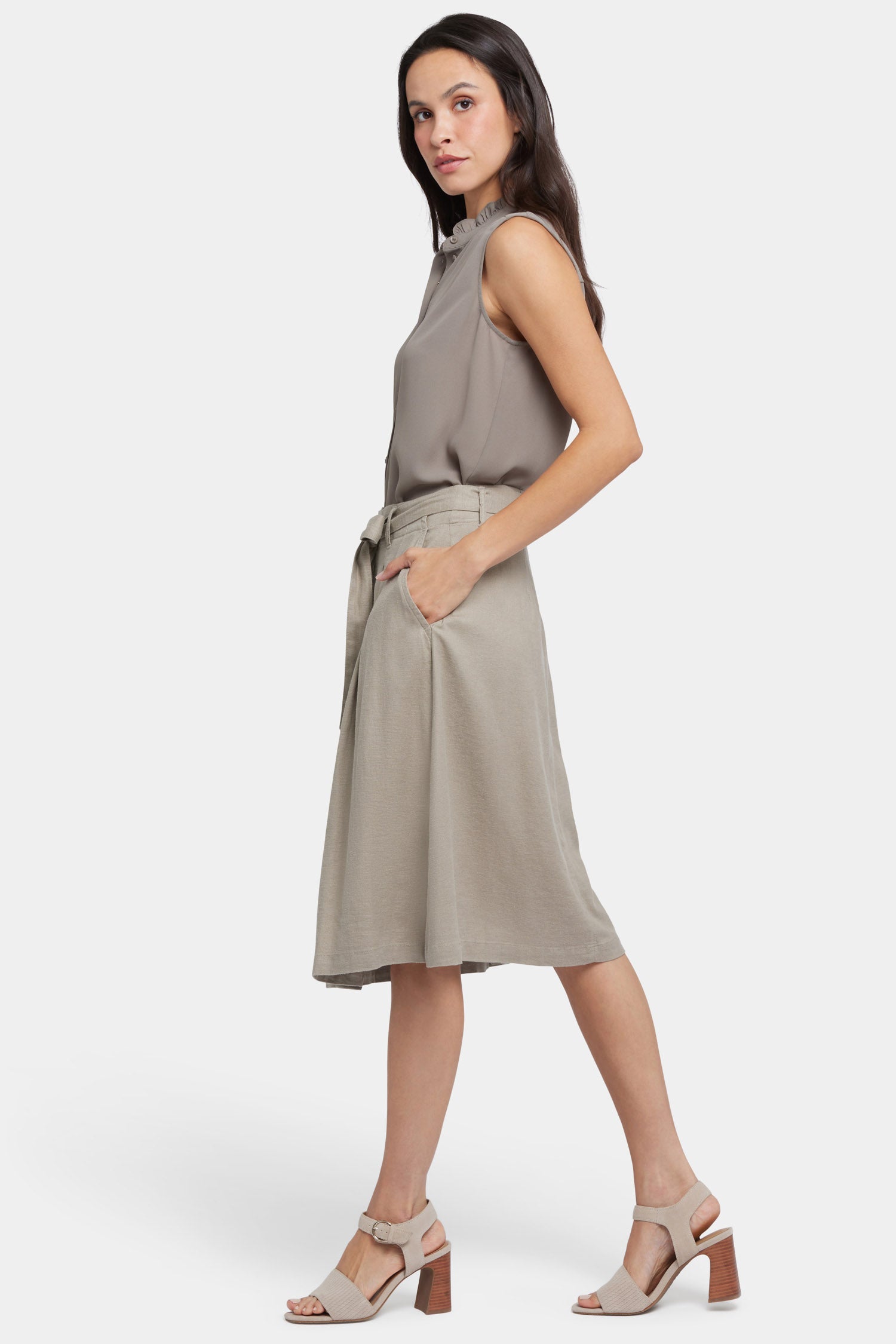 NYDJ Button Front Midi Skirt In Stretch Linen With Waist Tie - Saddlewood
