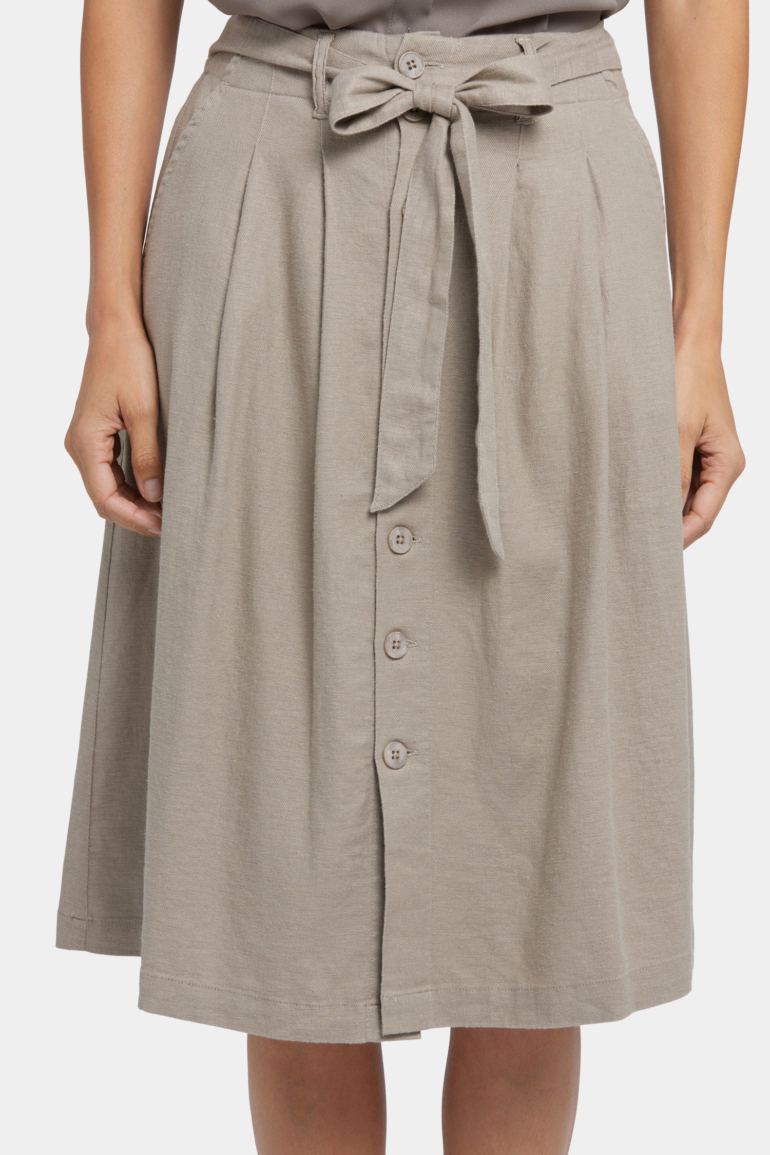 NYDJ Button Front Midi Skirt In Stretch Linen With Waist Tie - Saddlewood