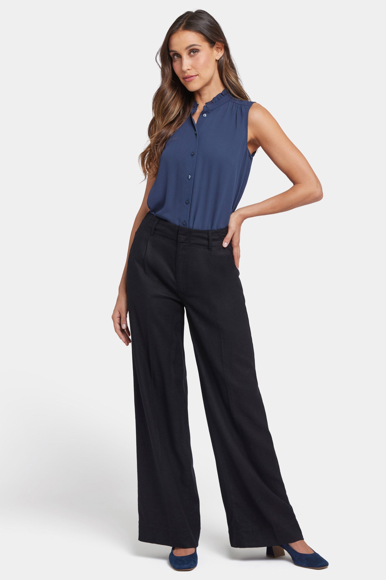 Mona Wide Leg Trouser Pants In Stretch Linen With High Rise