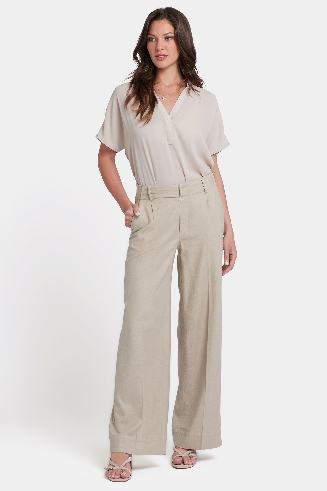 NYDJ Mona Wide Leg Trouser Pants In Stretch Linen With High Rise - Feather