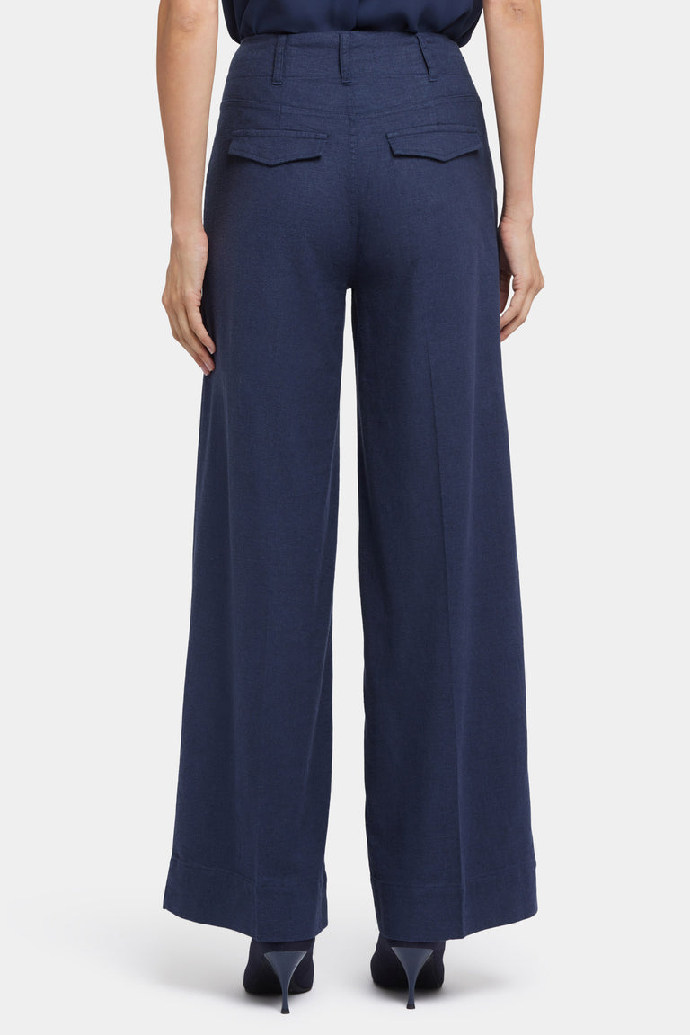 NYDJ Mona Wide Leg Trouser Pants In Stretch Linen With High Rise - Oxford Navy