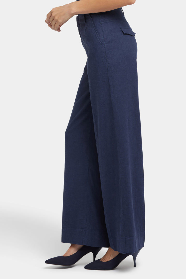 NYDJ Mona Wide Leg Trouser Pants In Stretch Linen With High Rise - Oxford Navy