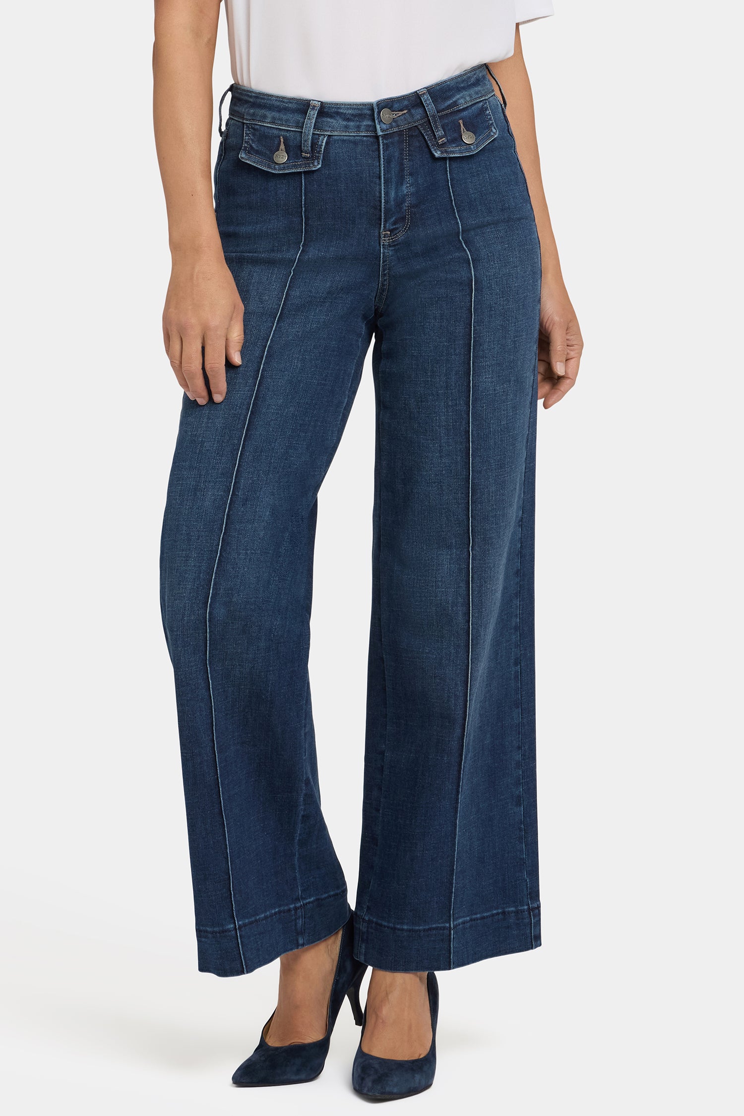 Teresa Wide Leg Jeans With Button Flaps, Center Leg Seams And 31