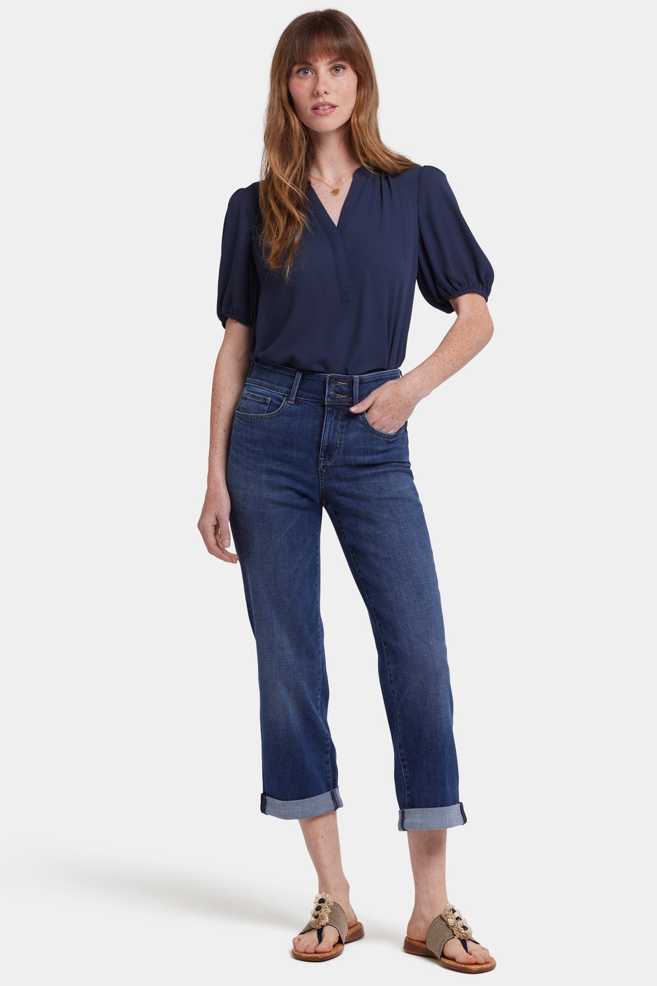 NYDJ Bailey Relaxed Straight Crop Jeans With High Rise And Roll Cuffs - Asturia Shore