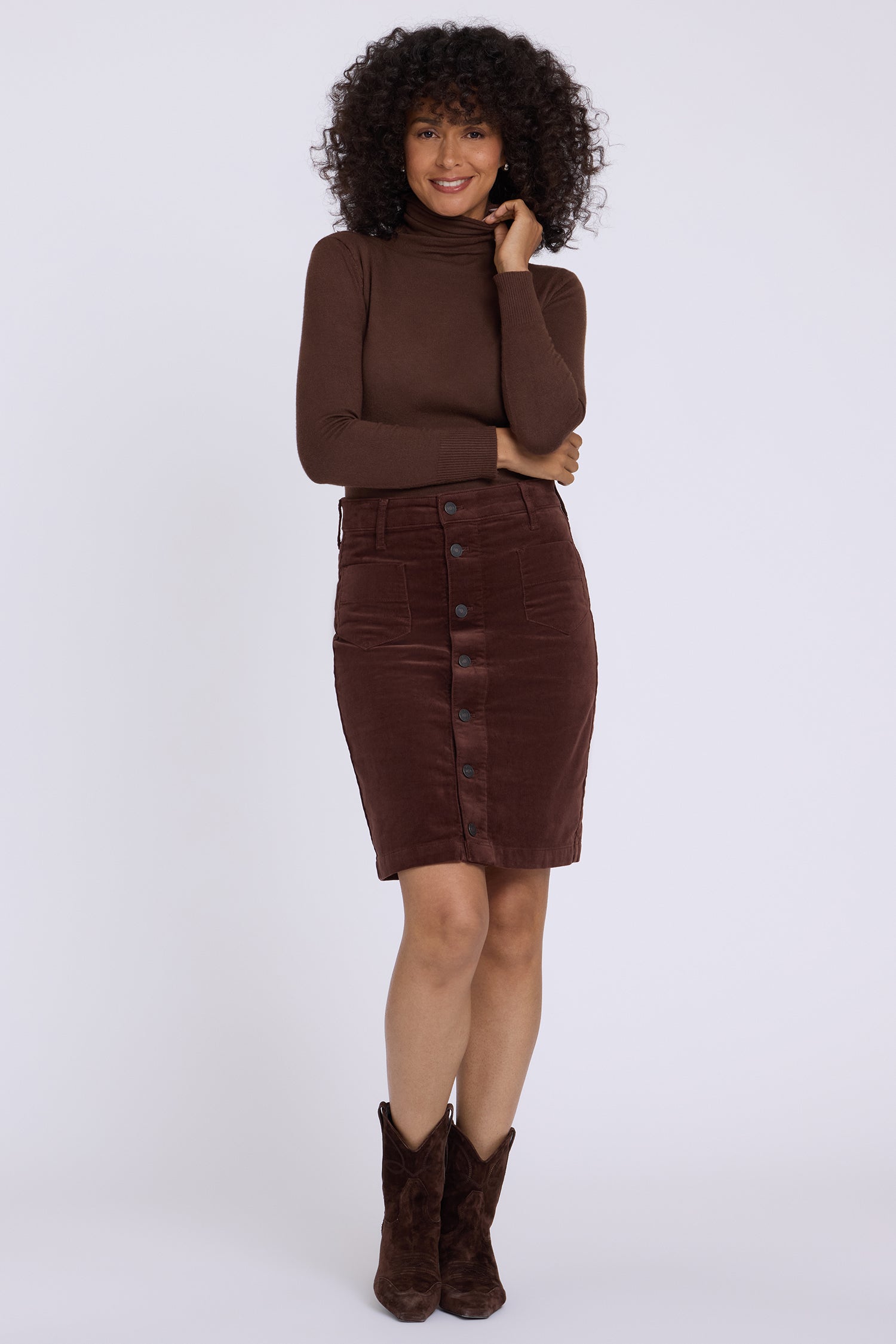 NYDJ Button Front Skirt In Fine Wale Stretch Corduroy - Chocolate Fondant
