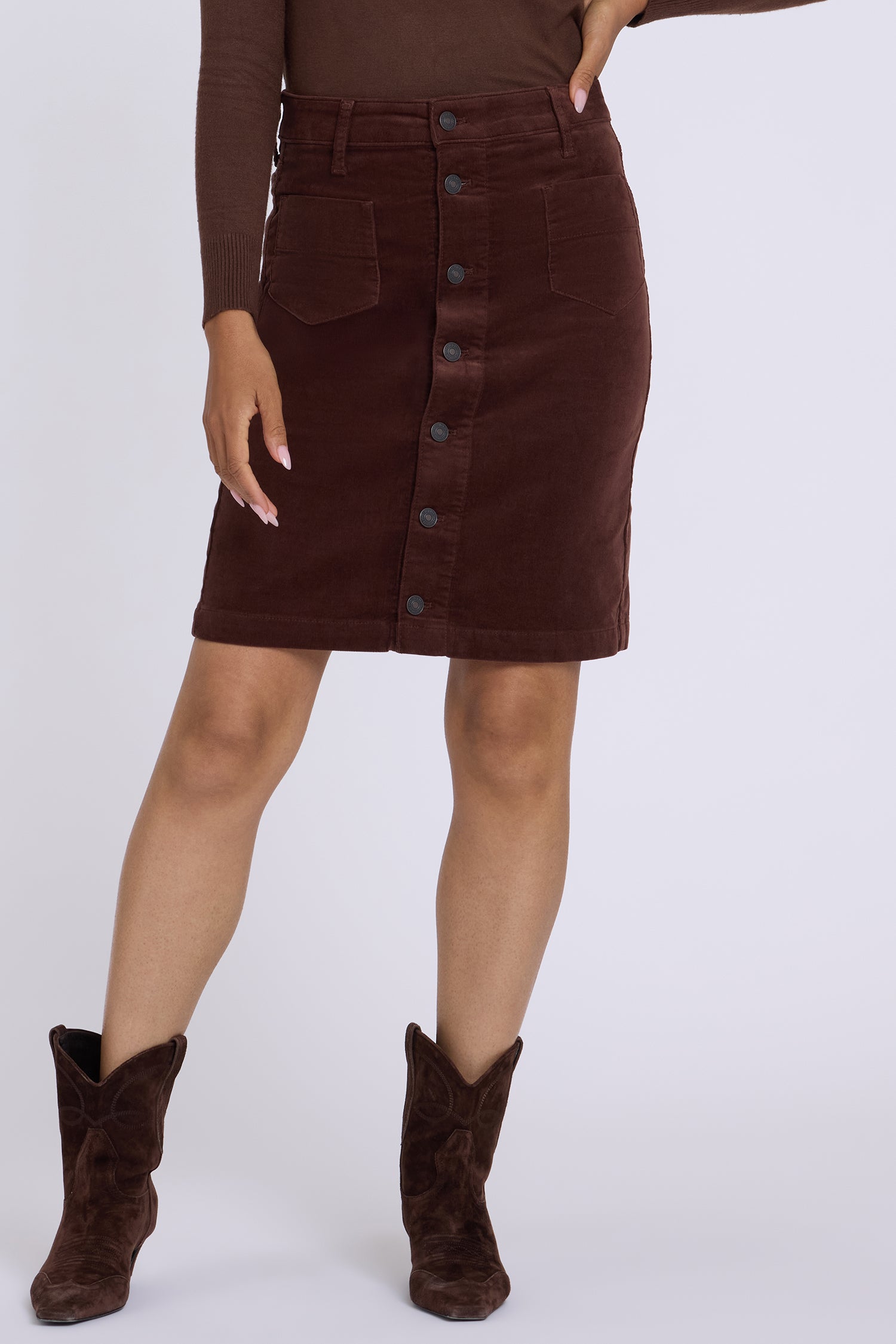 NYDJ Button Front Skirt In Fine Wale Stretch Corduroy - Chocolate Fondant