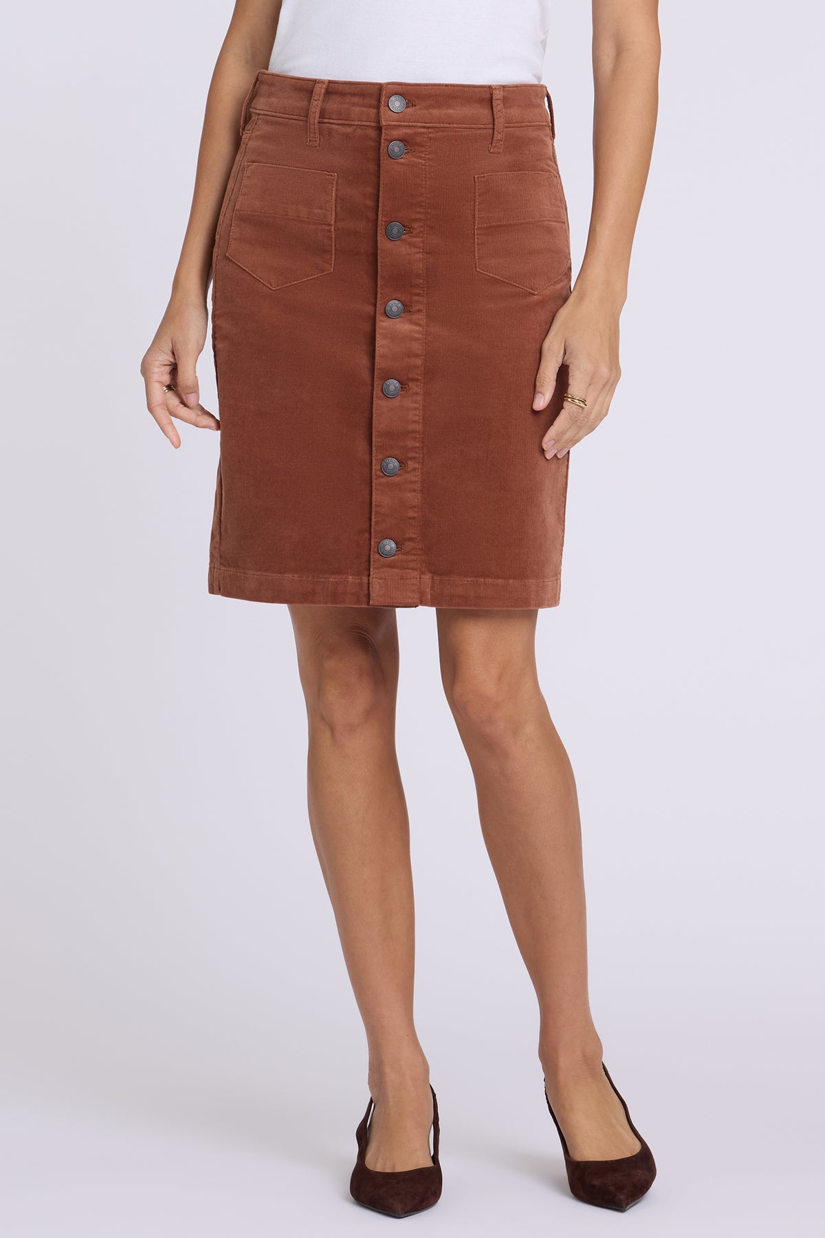 NYDJ Button Front Skirt In Fine Wale Stretch Corduroy - Mocha Bisque