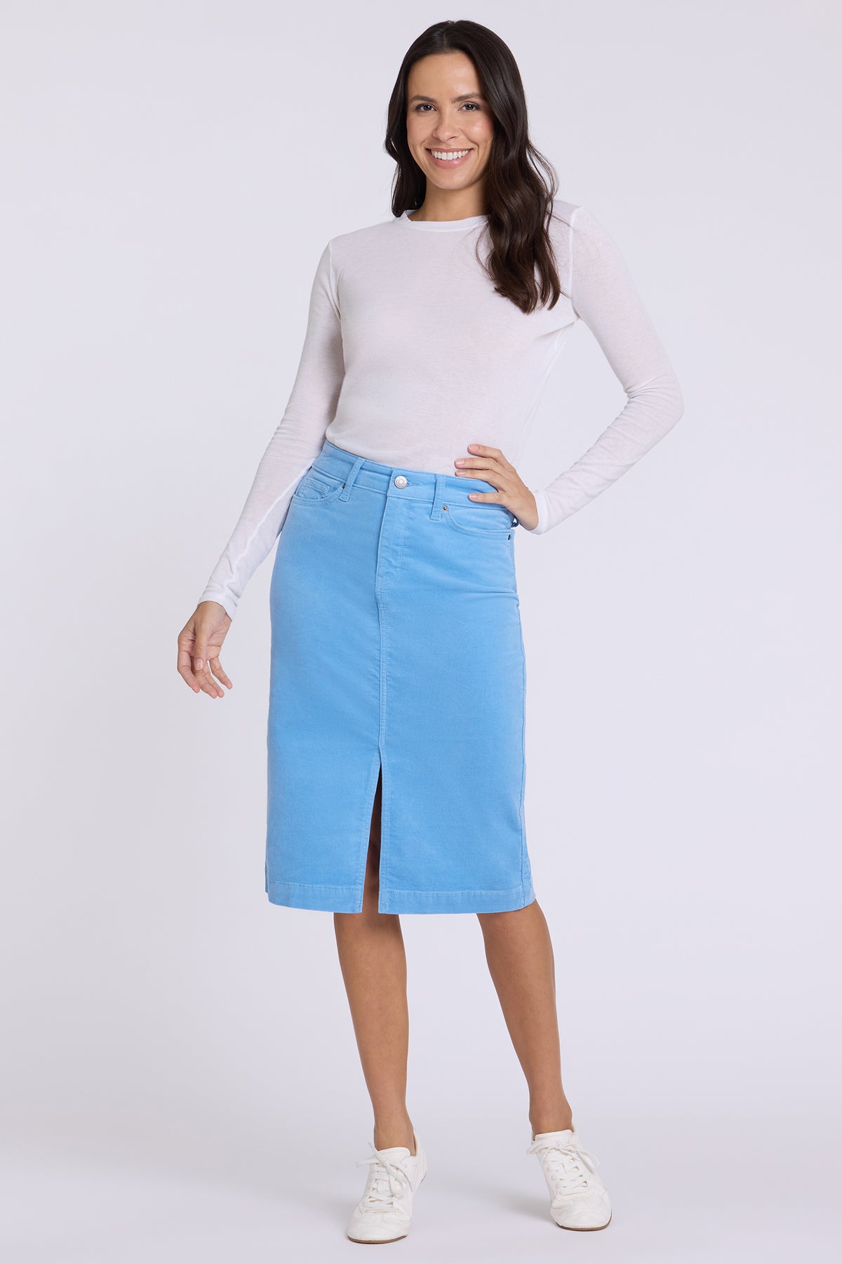 NYDJ 5 Pocket Midi Skirt In Fine Wale Stretch Corduroy With Front Slit - Twilight Blue