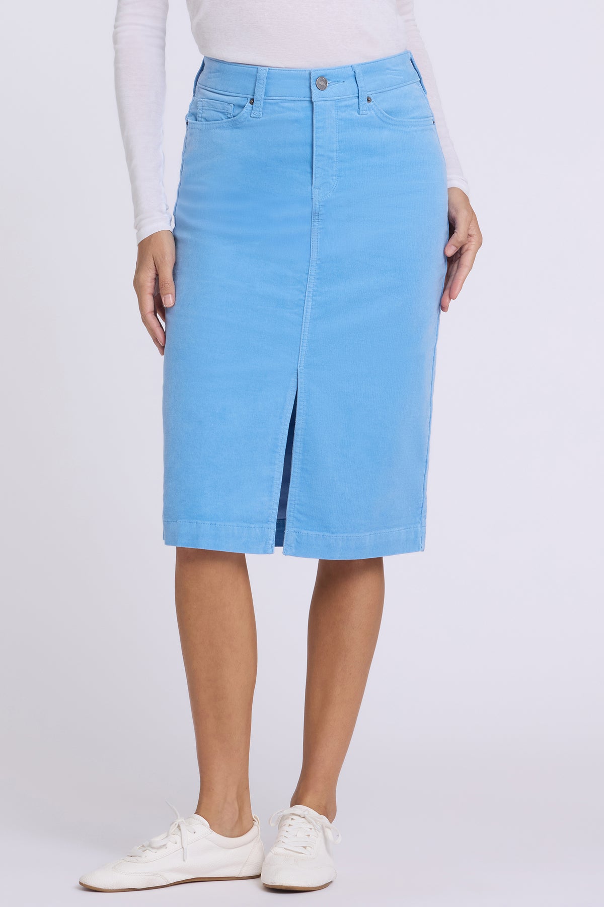 NYDJ 5 Pocket Midi Skirt In Fine Wale Stretch Corduroy With Front Slit - Twilight Blue