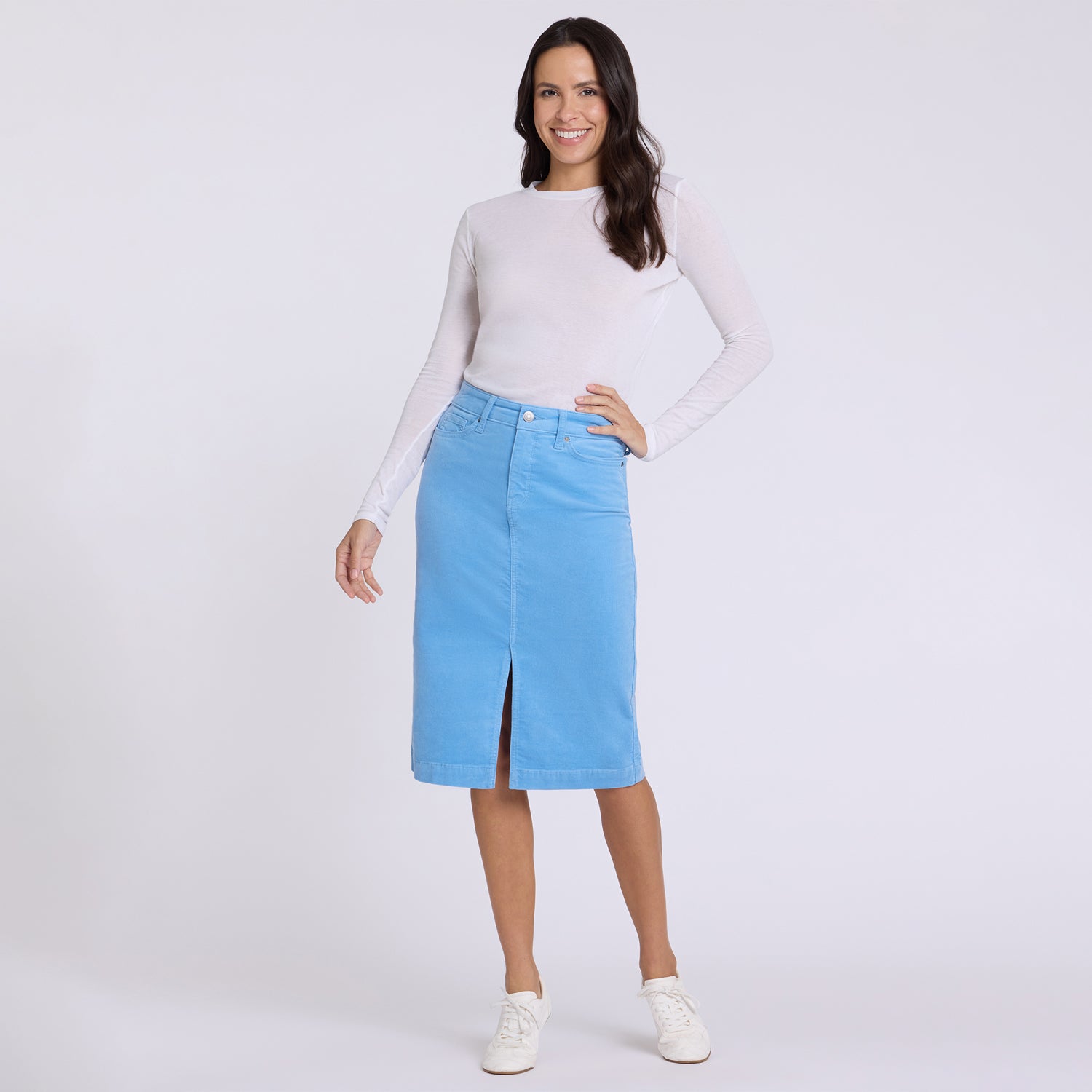 5 Pocket Midi Skirt In Fine Wale Stretch Corduroy With Front Slit