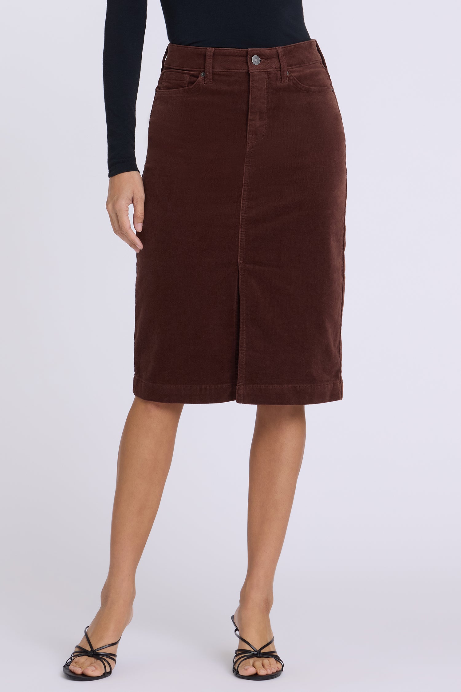 NYDJ 5 Pocket Midi Skirt In Fine Wale Stretch Corduroy With Front Slit - Chocolate Fondant