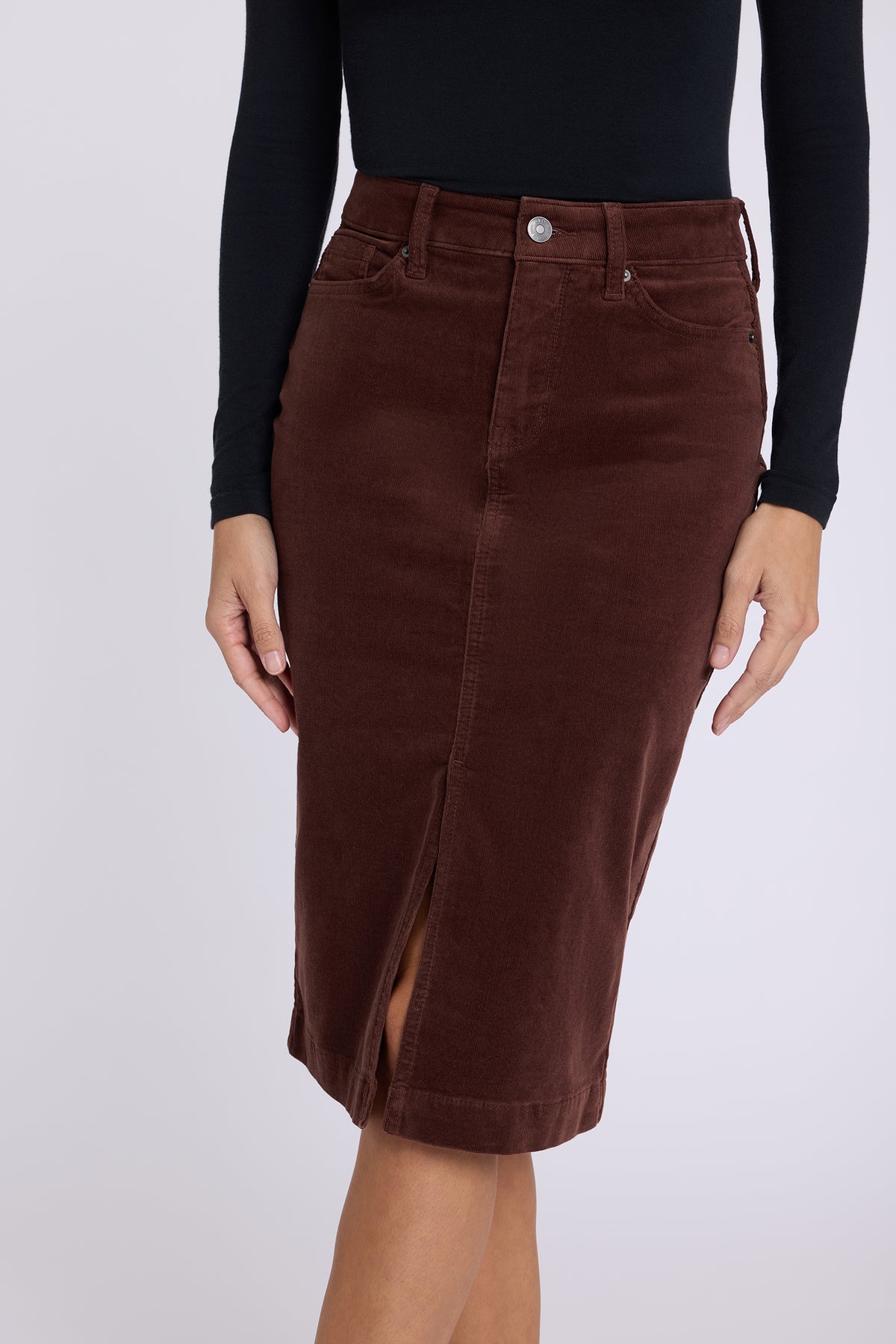 NYDJ 5 Pocket Midi Skirt In Fine Wale Stretch Corduroy With Front Slit - Chocolate Fondant