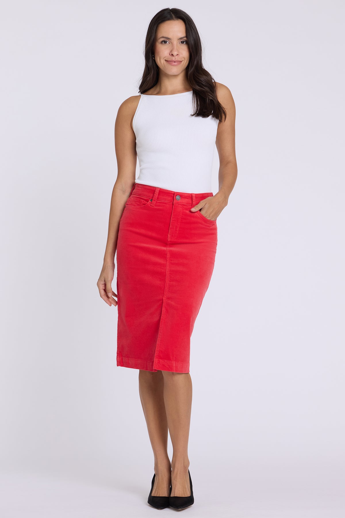 NYDJ 5 Pocket Midi Skirt In Fine Wale Stretch Corduroy With Front Slit - Camellia