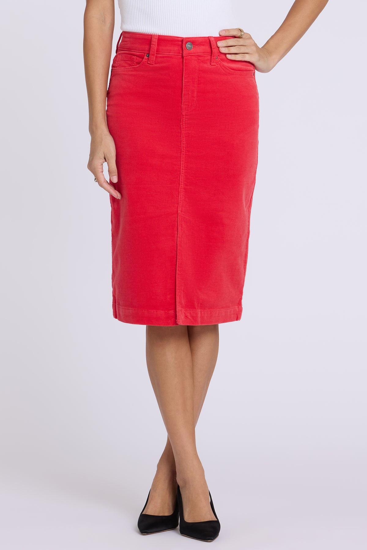 NYDJ 5 Pocket Midi Skirt In Fine Wale Stretch Corduroy With Front Slit - Camellia