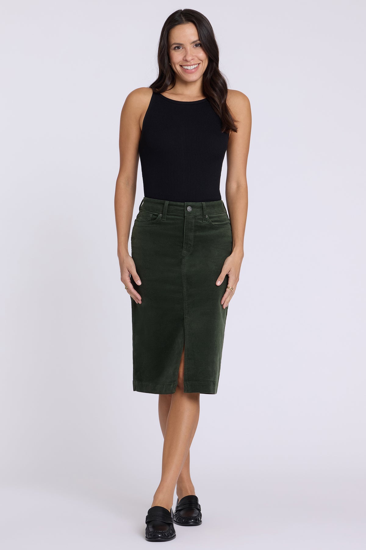 NYDJ 5 Pocket Midi Skirt In Fine Wale Stretch Corduroy With Front Slit - True Olive