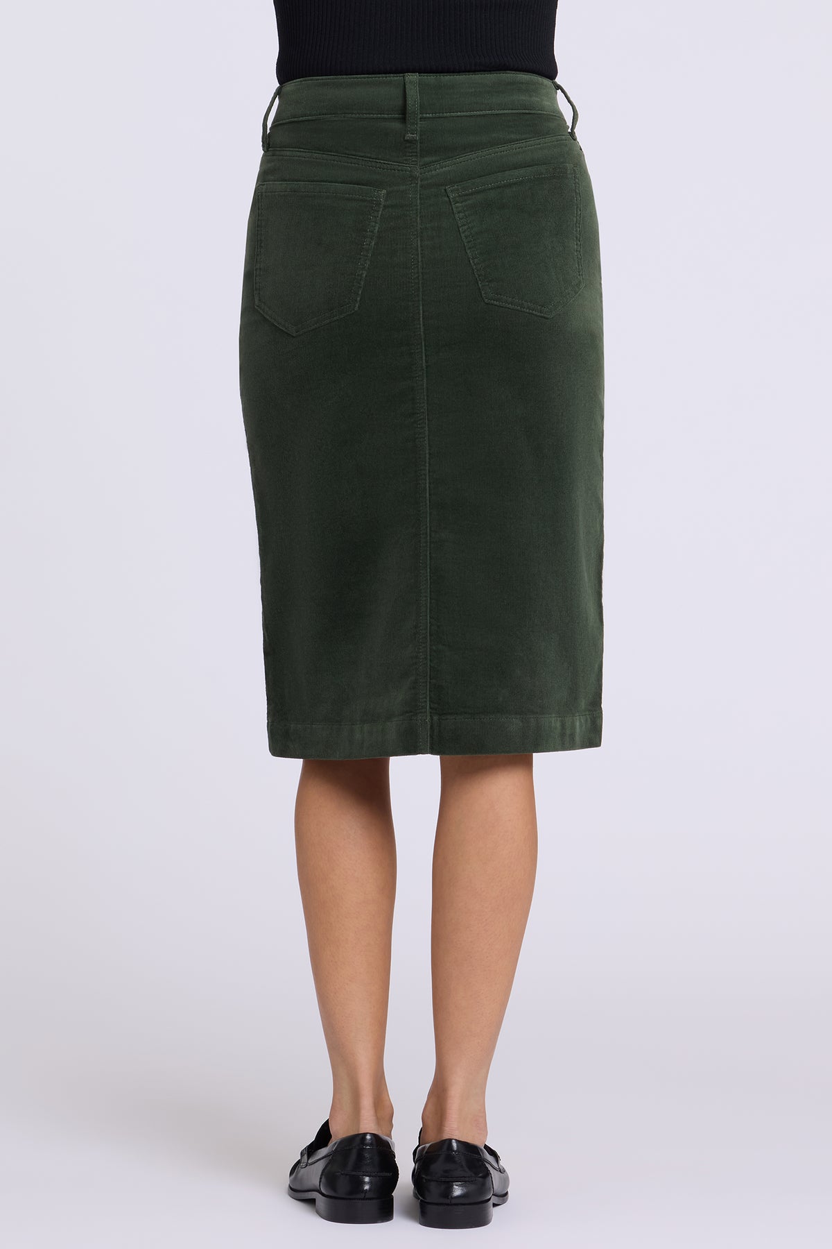 NYDJ 5 Pocket Midi Skirt In Fine Wale Stretch Corduroy With Front Slit - True Olive
