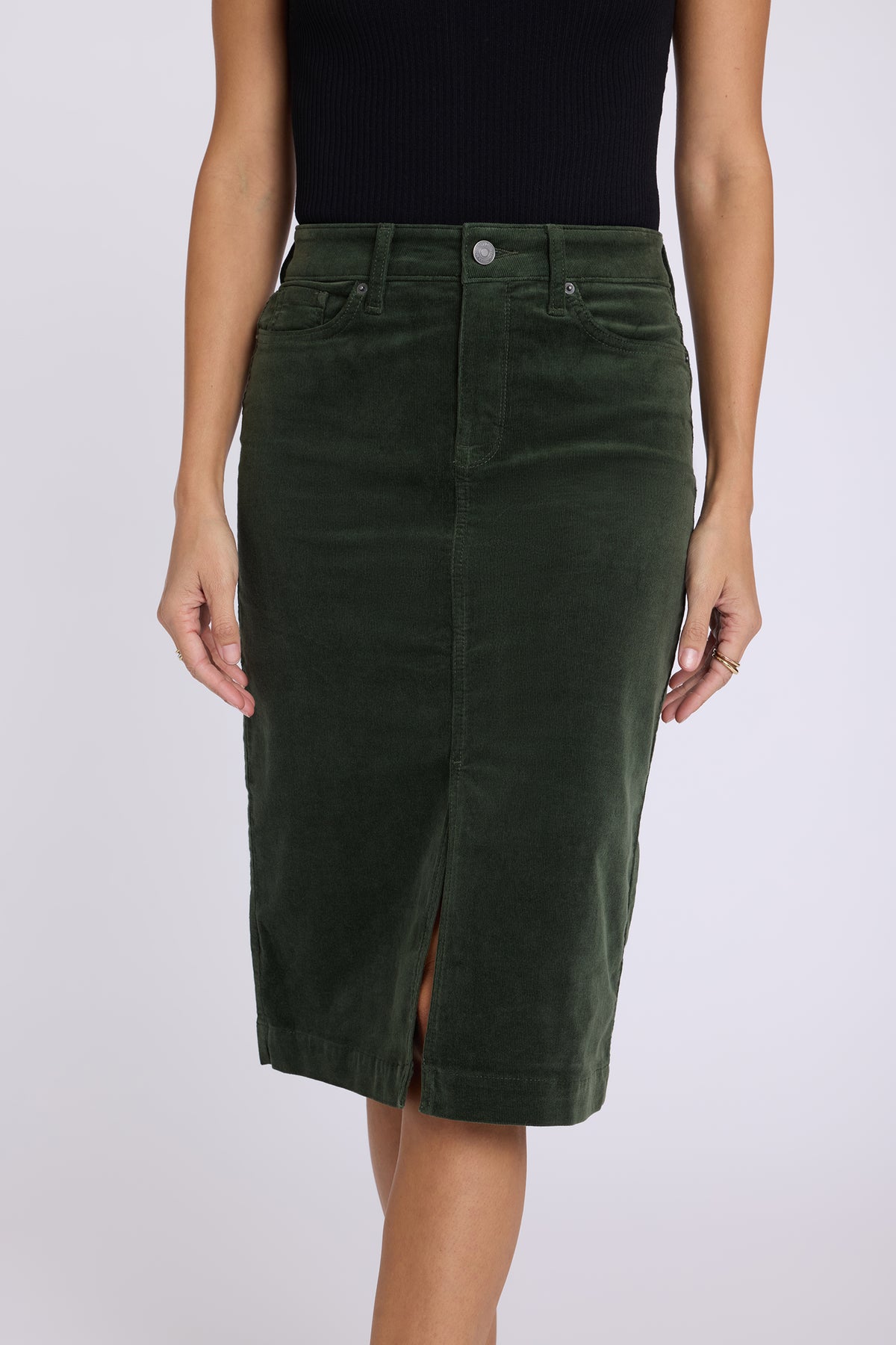 NYDJ 5 Pocket Midi Skirt In Fine Wale Stretch Corduroy With Front Slit - True Olive