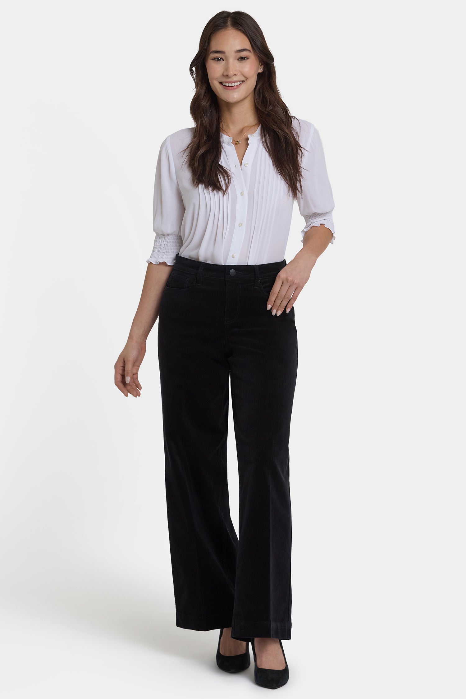 NYDJ Teresa Wide Leg Pants In Fine Wale Stretch Corduroy With 1 1/2" Hems And 31" Inseam - Black