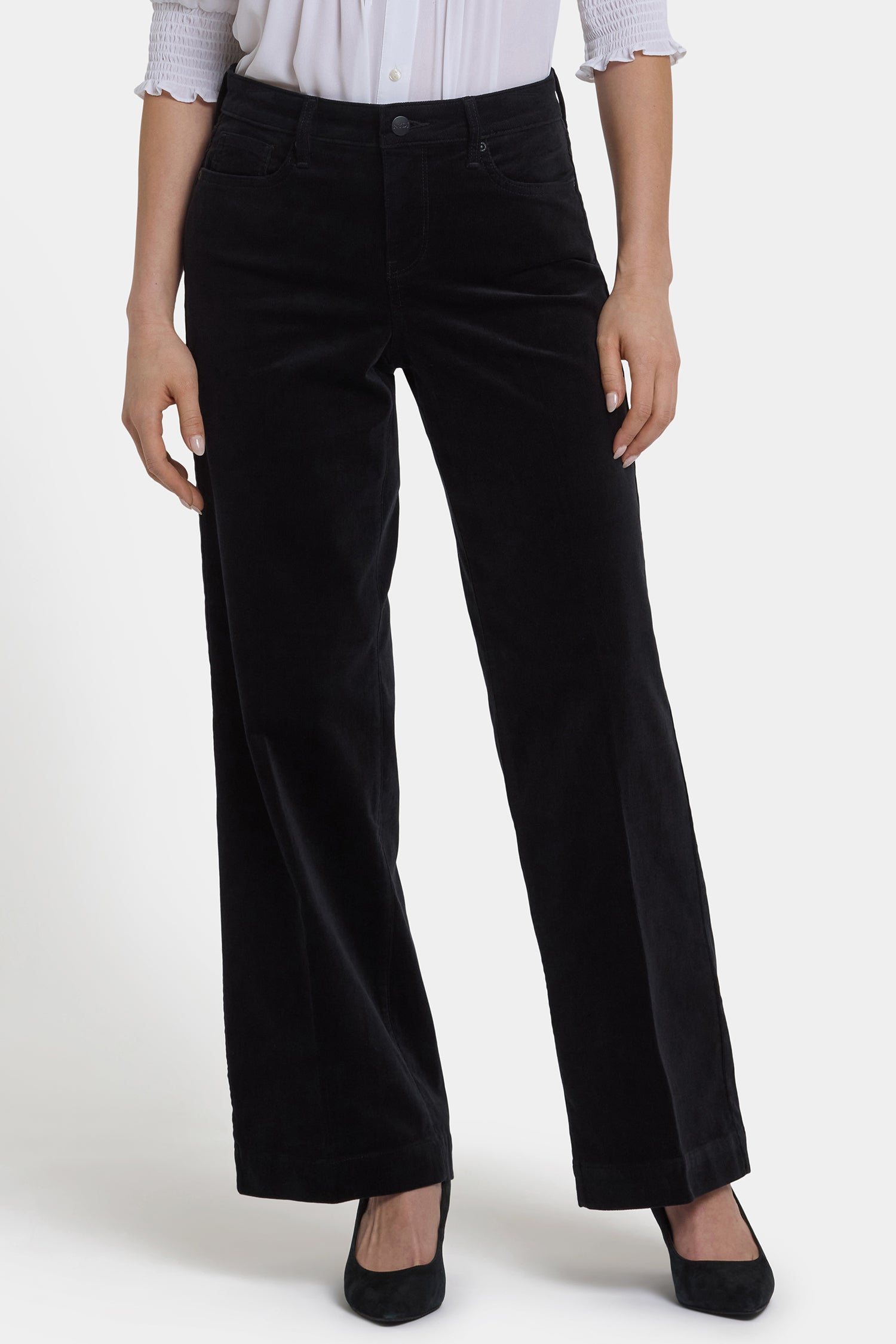 NYDJ Teresa Wide Leg Pants In Fine Wale Stretch Corduroy With 1 1/2" Hems And 31" Inseam - Black