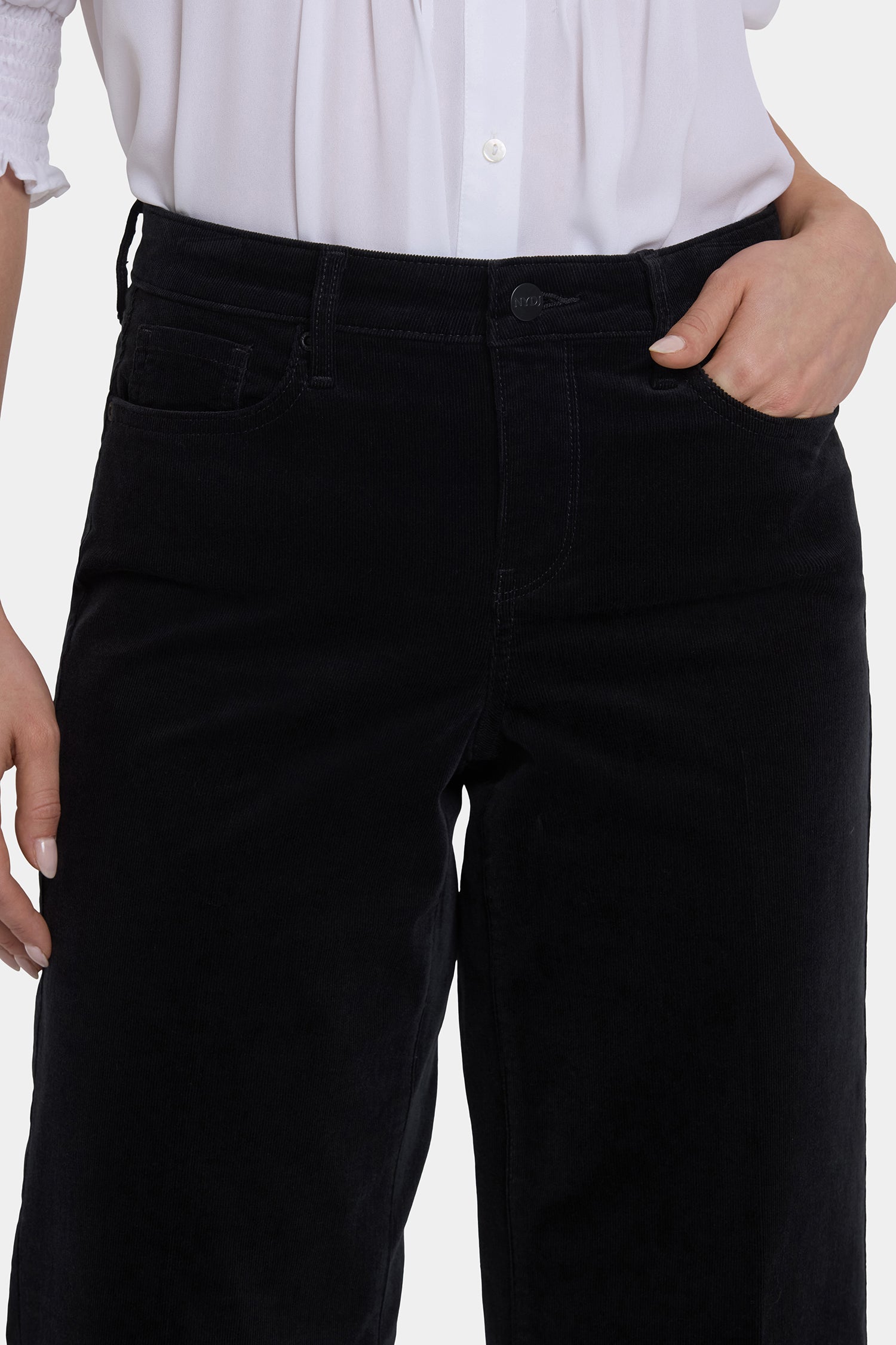 NYDJ Teresa Wide Leg Pants In Fine Wale Stretch Corduroy With 1 1/2" Hems And 31" Inseam - Black