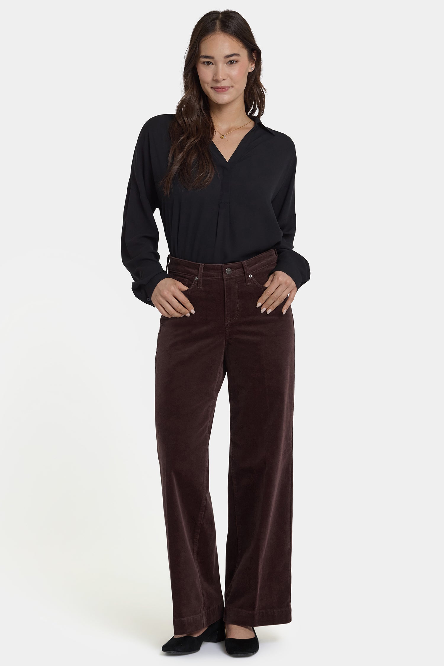NYDJ Teresa Wide Leg Pants In Fine Wale Stretch Corduroy With 1 1/2" Hems And 31" Inseam - Bitter Chocolate