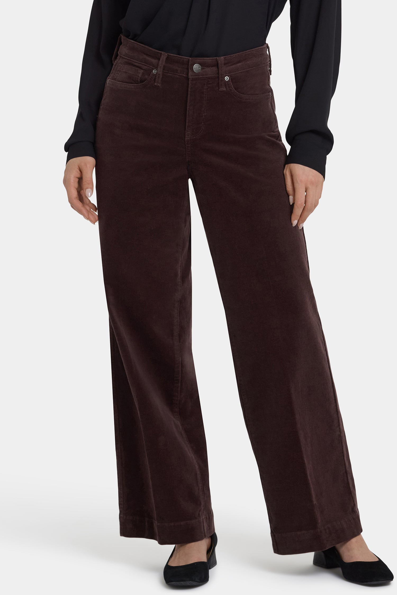 NYDJ Teresa Wide Leg Pants In Fine Wale Stretch Corduroy With 1 1/2" Hems And 31" Inseam - Bitter Chocolate