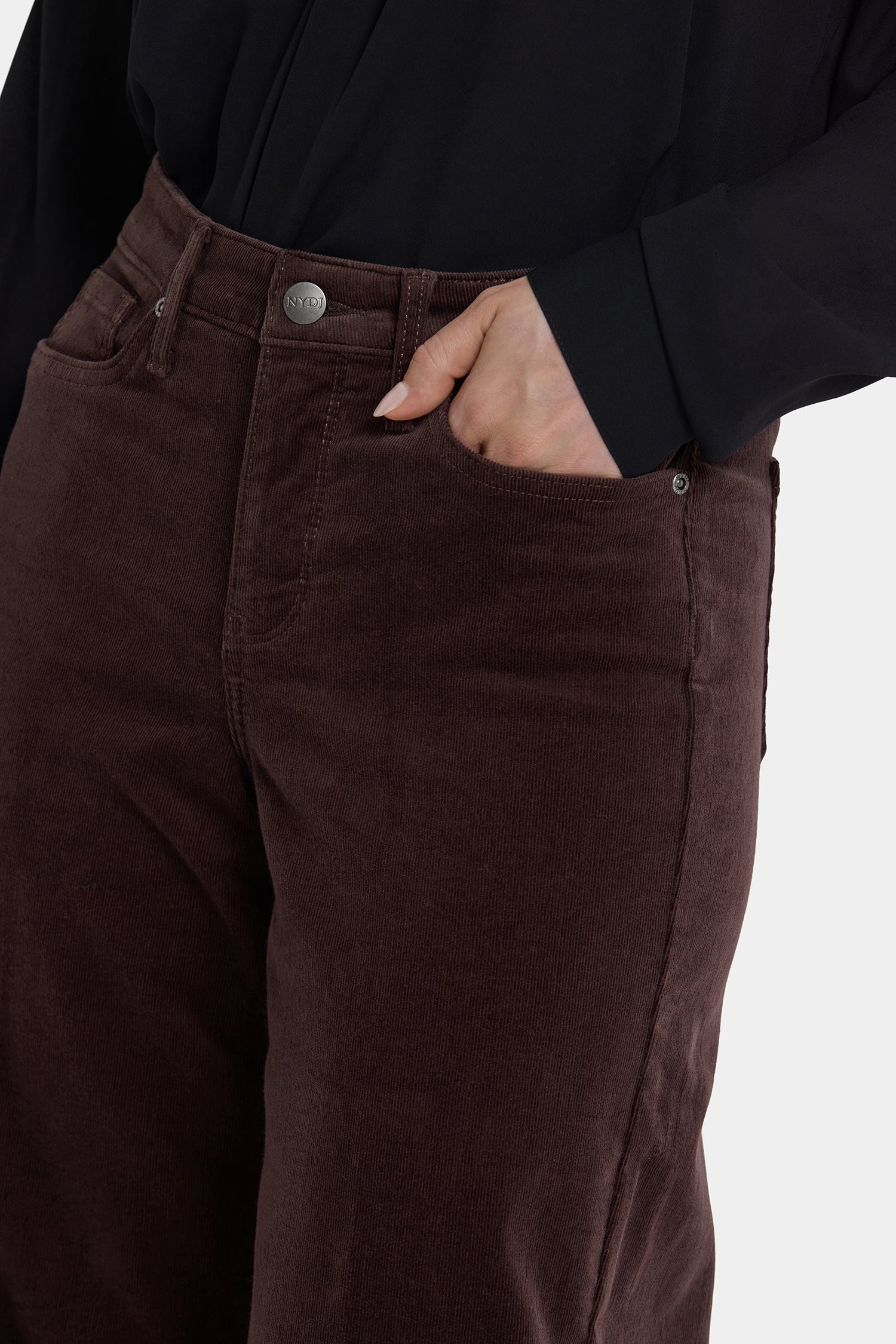 NYDJ Teresa Wide Leg Pants In Fine Wale Stretch Corduroy With 1 1/2" Hems And 31" Inseam - Bitter Chocolate