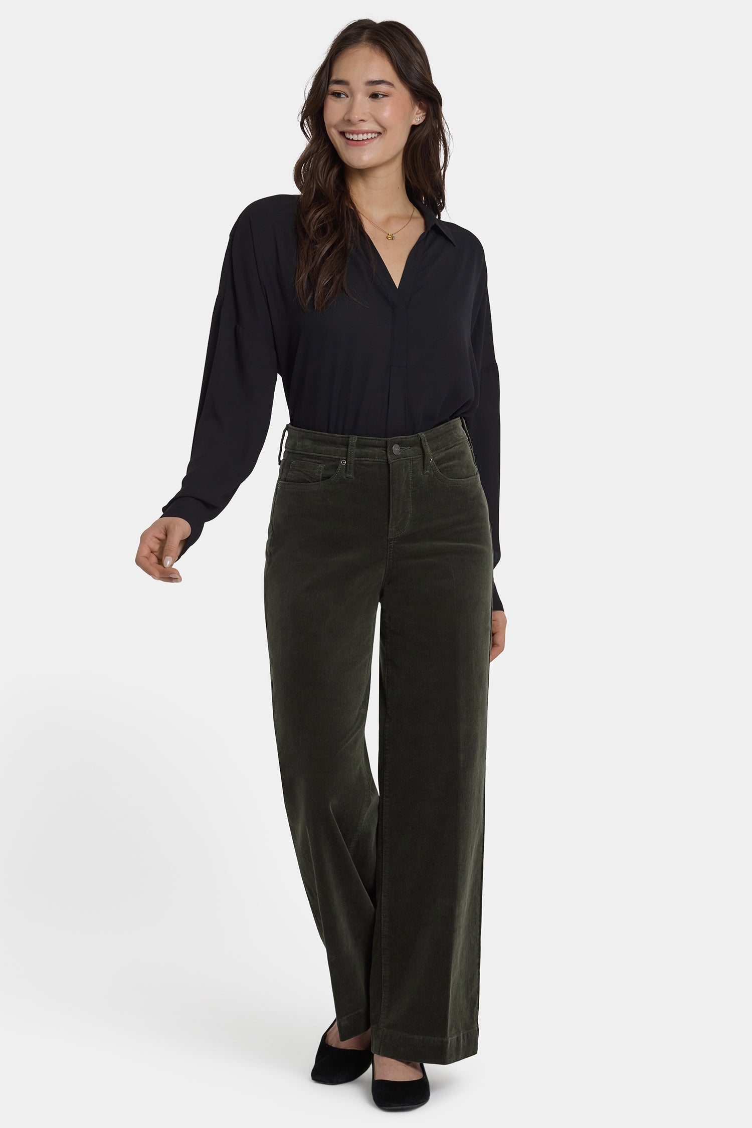 NYDJ Teresa Wide Leg Pants In Fine Wale Stretch Corduroy With 1 1/2" Hems And 31" Inseam - Vine Leaf