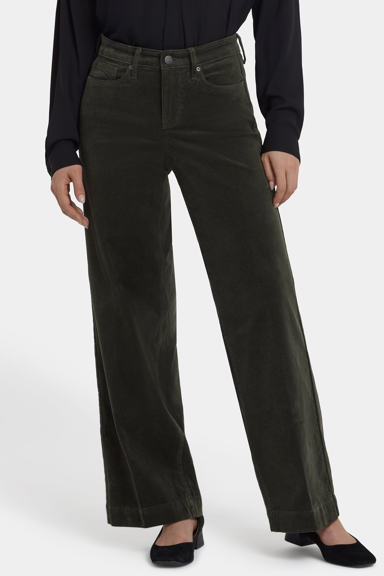 NYDJ Teresa Wide Leg Pants In Fine Wale Stretch Corduroy With 1 1/2" Hems And 31" Inseam - Vine Leaf