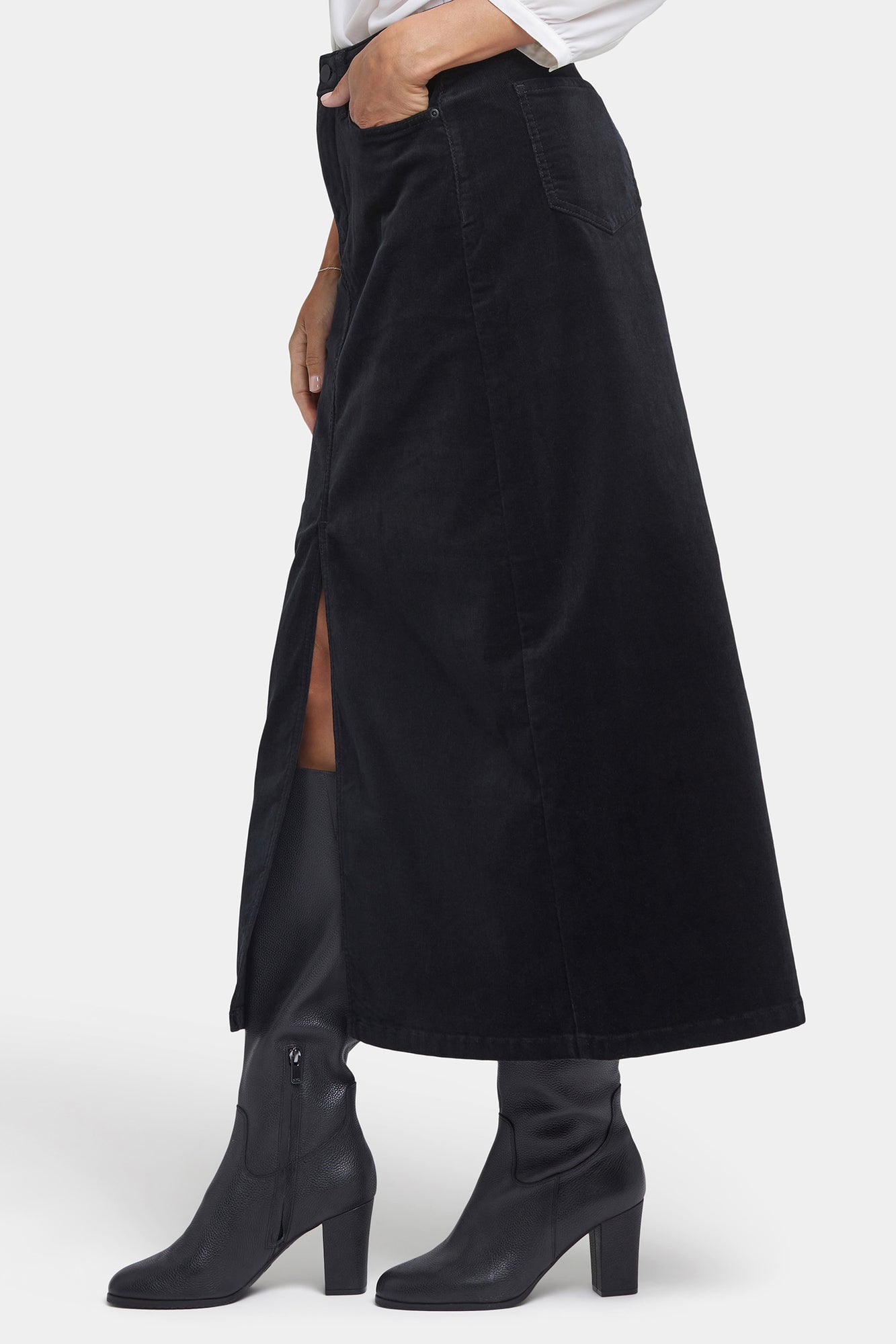 NYDJ High Rise Long Skirt In Fine Wale Stretch Corduroy With Center Front Slit - Black