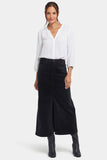 NYDJ High Rise Long Skirt In Fine Wale Stretch Corduroy With Center Front Slit - Black