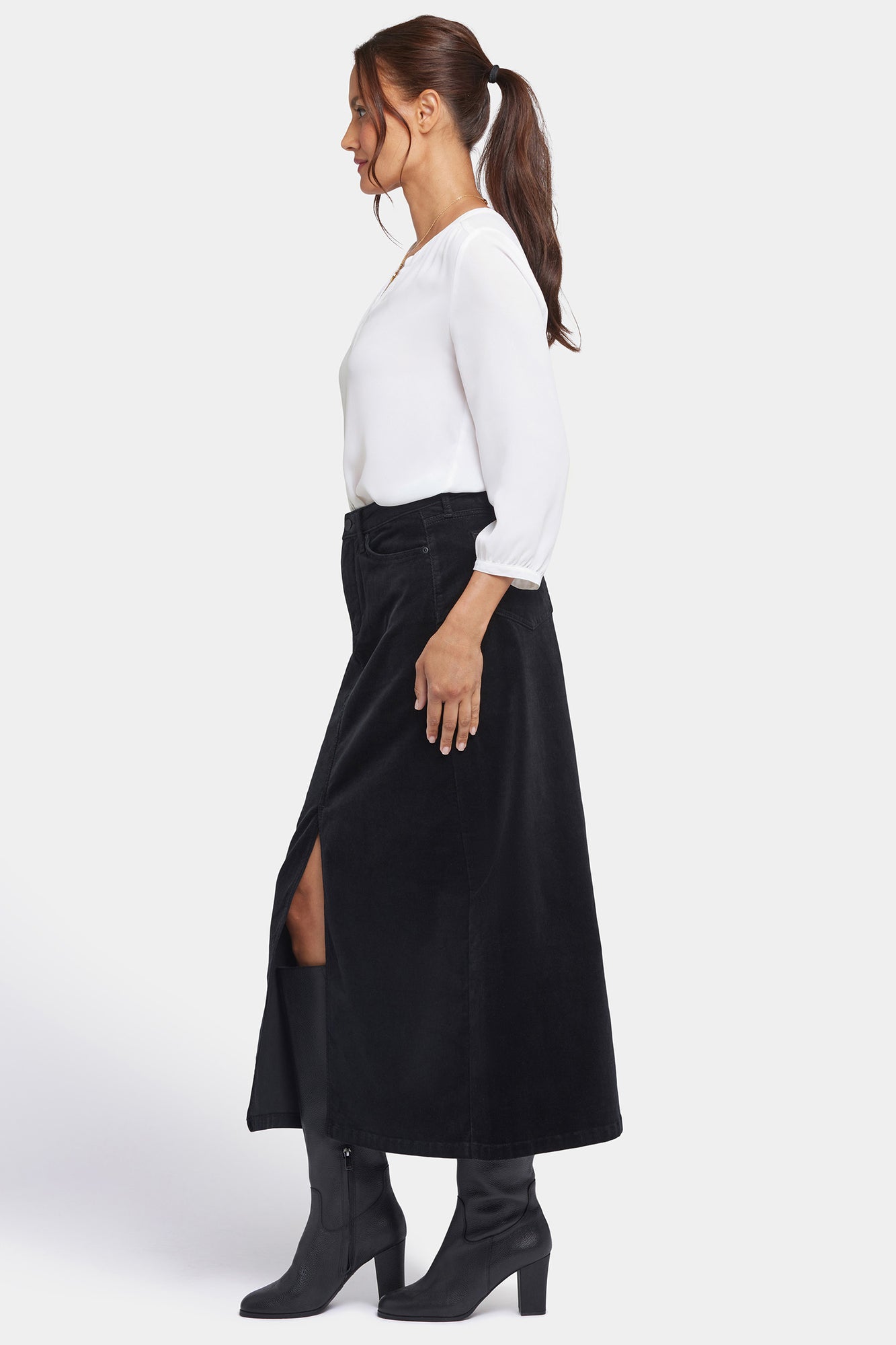 NYDJ High Rise Long Skirt In Fine Wale Stretch Corduroy With Center Front Slit - Black