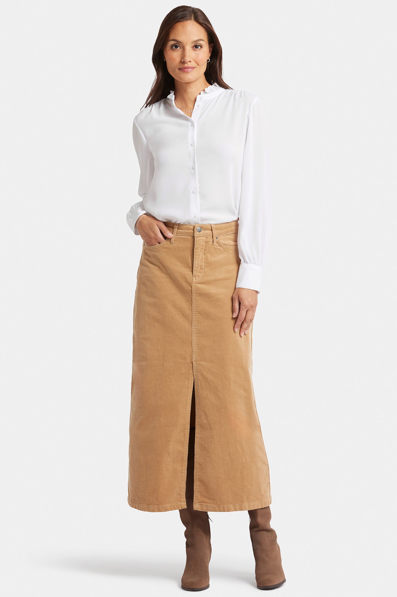 NYDJ High Rise Long Skirt In Fine Wale Stretch Corduroy With Center Front Slit - Sand Dune