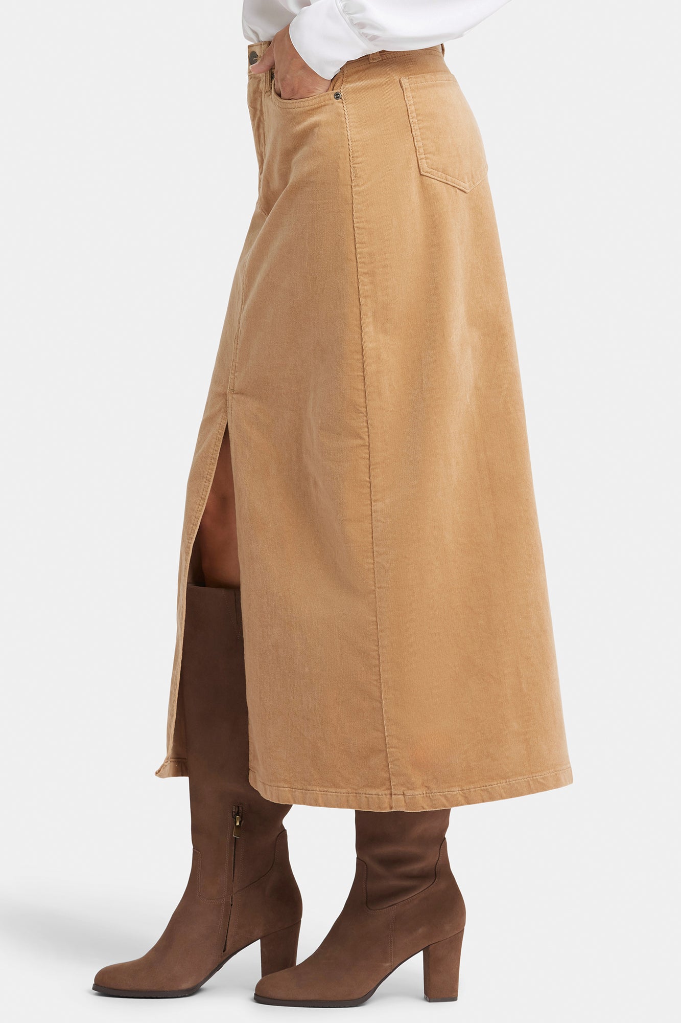 NYDJ High Rise Long Skirt In Fine Wale Stretch Corduroy With Center Front Slit - Sand Dune