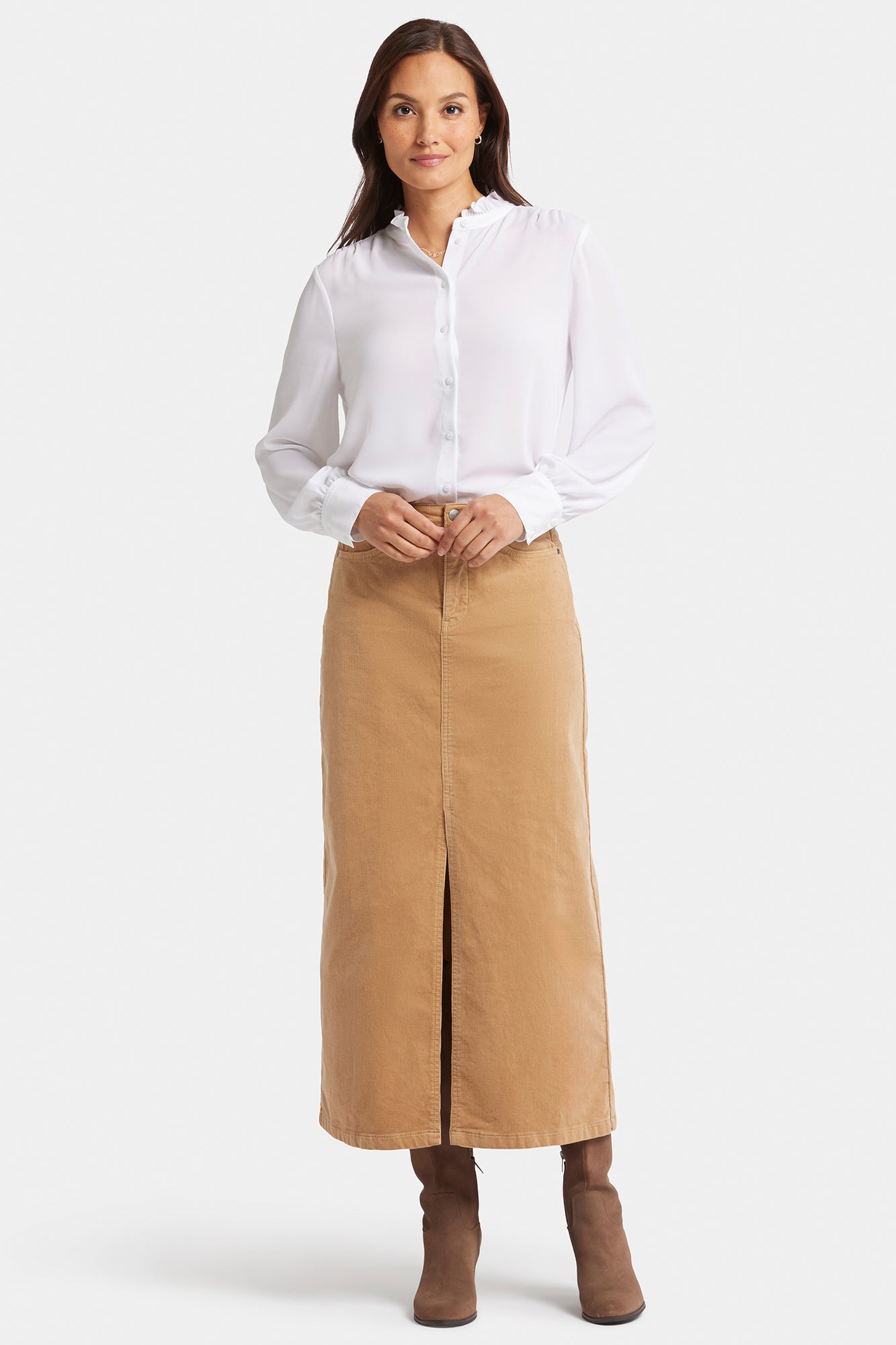 NYDJ High Rise Long Skirt In Fine Wale Stretch Corduroy With Center Front Slit - Sand Dune