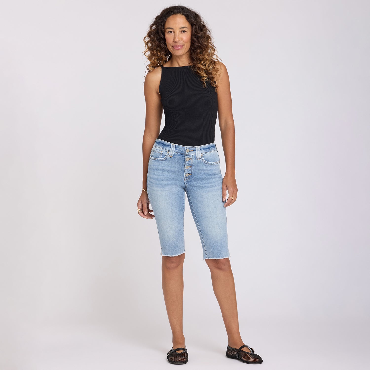 Sophie Bike Capri Jeans With Exposed Button Fly, Side Slits And
