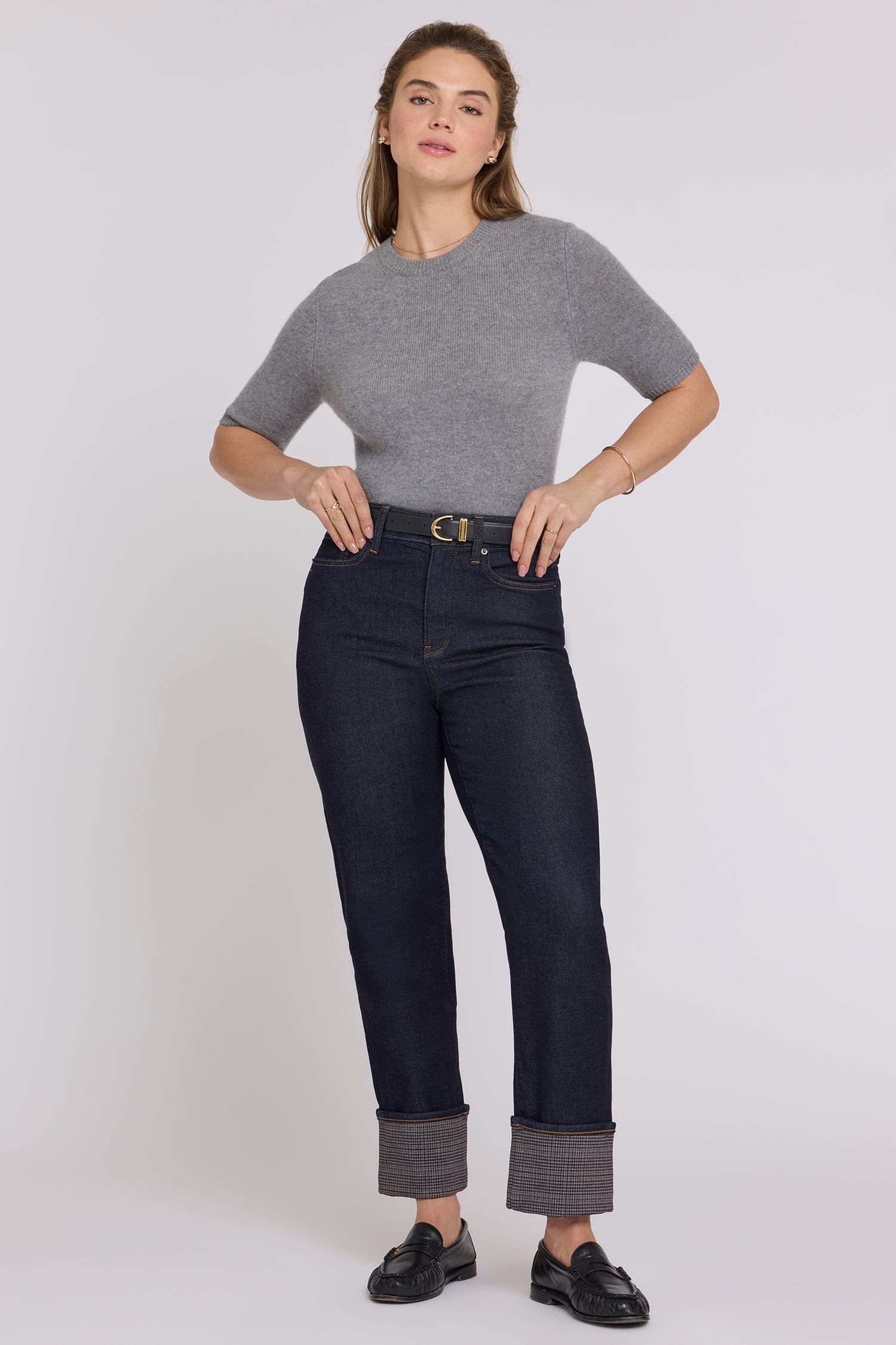 NYDJ Kasey Stovepipe Ankle Jeans With Super High Rise And Plaid Cuffs - Rinse