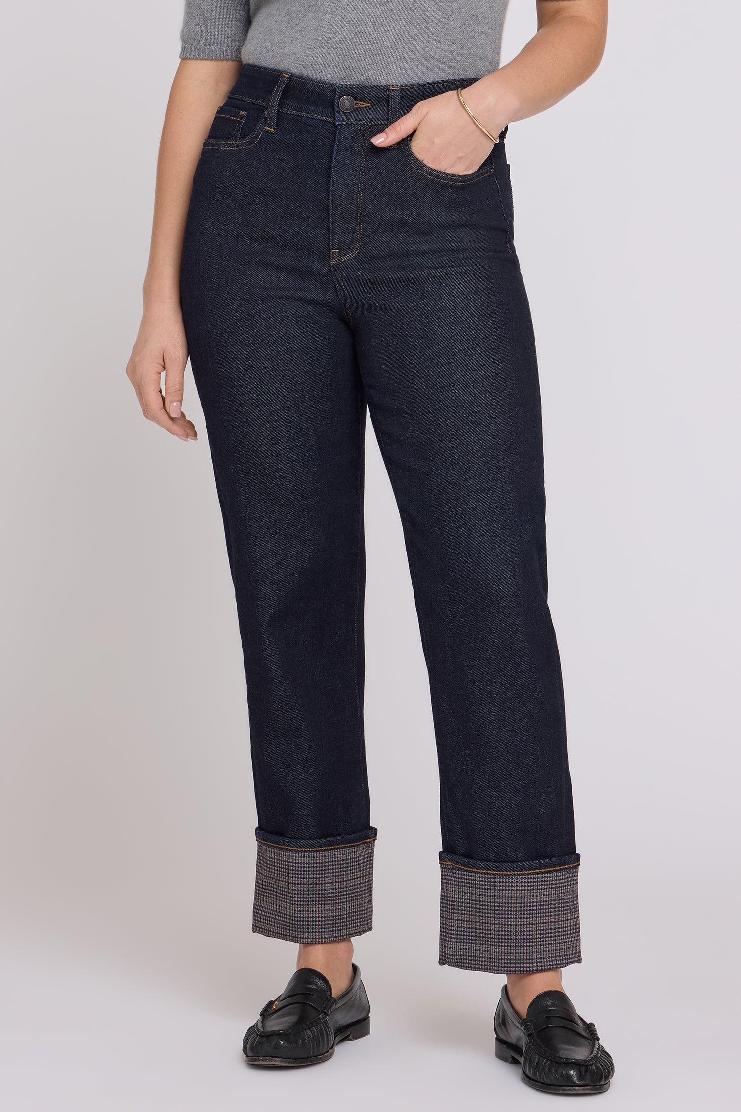 NYDJ Kasey Stovepipe Ankle Jeans With Super High Rise And Plaid Cuffs - Rinse