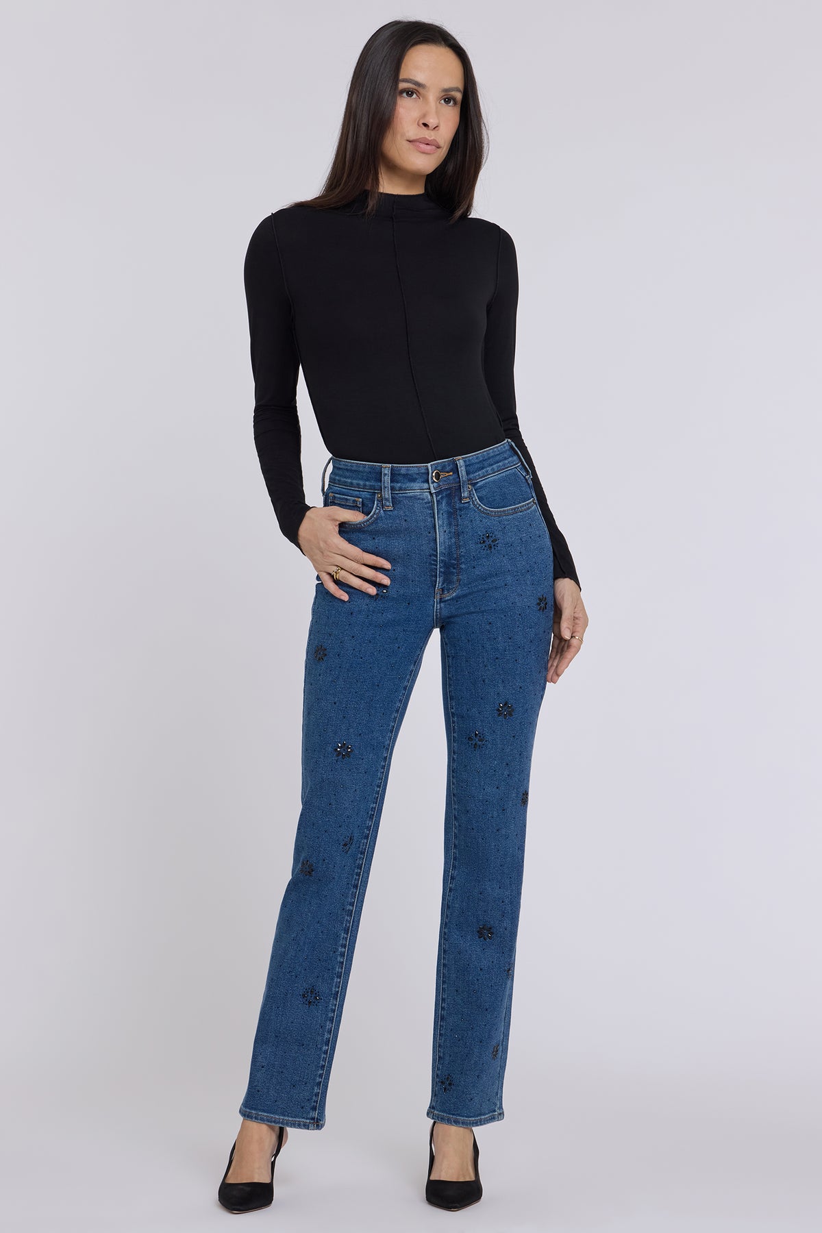 NYDJ Marilyn Straight Jeans With High Rise, Floral Stone Detail And 31" Inseam - Hosta